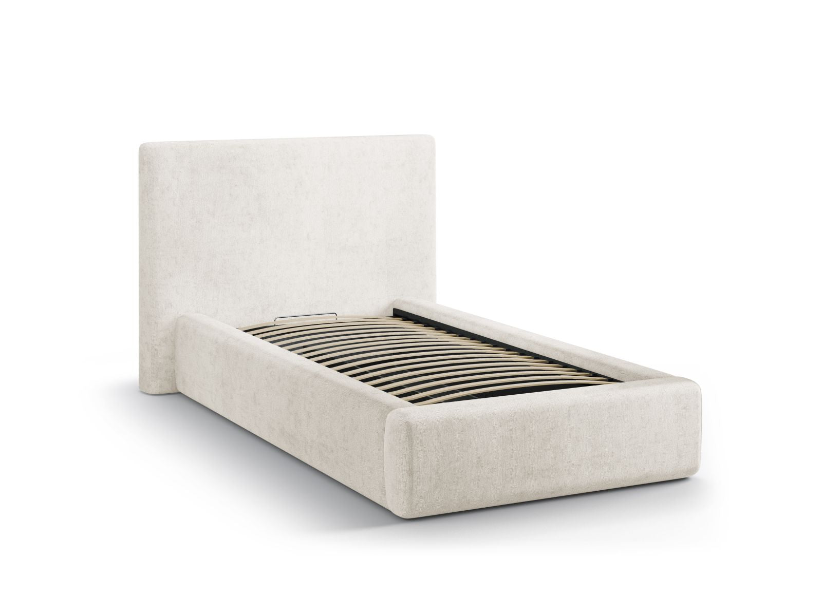 Elegantes Asti Bett in 90 cm Breite, ausgestattet mit praktischem Stauraum und einem stilvollen Kopfteil in sanftem Beige, ideal für moderne Schlafzimmer.