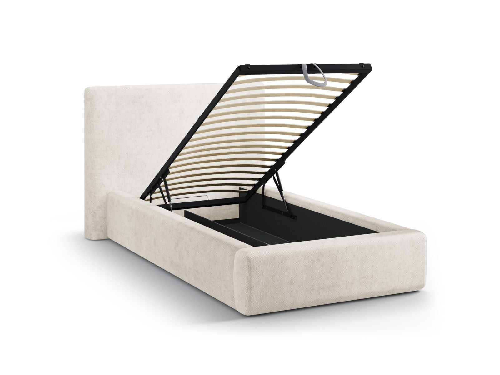 Modernes Asti Bett mit 90 cm Breite, funktionalem Stauraum und geschmackvollem Kopfteil in zartem Beige, perfekt für stilvolle Schlafzimmer.