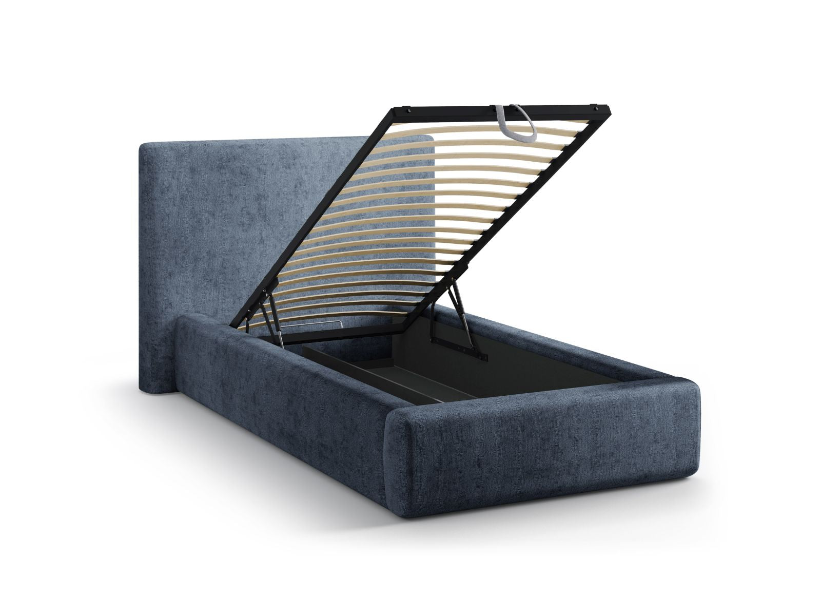 Stylisches Asti Bett in tiefem Blau, 90 cm Kopfteil, kombiniert Funktionalität mit modernem Design und bietet zusätzlichen Stauraum.