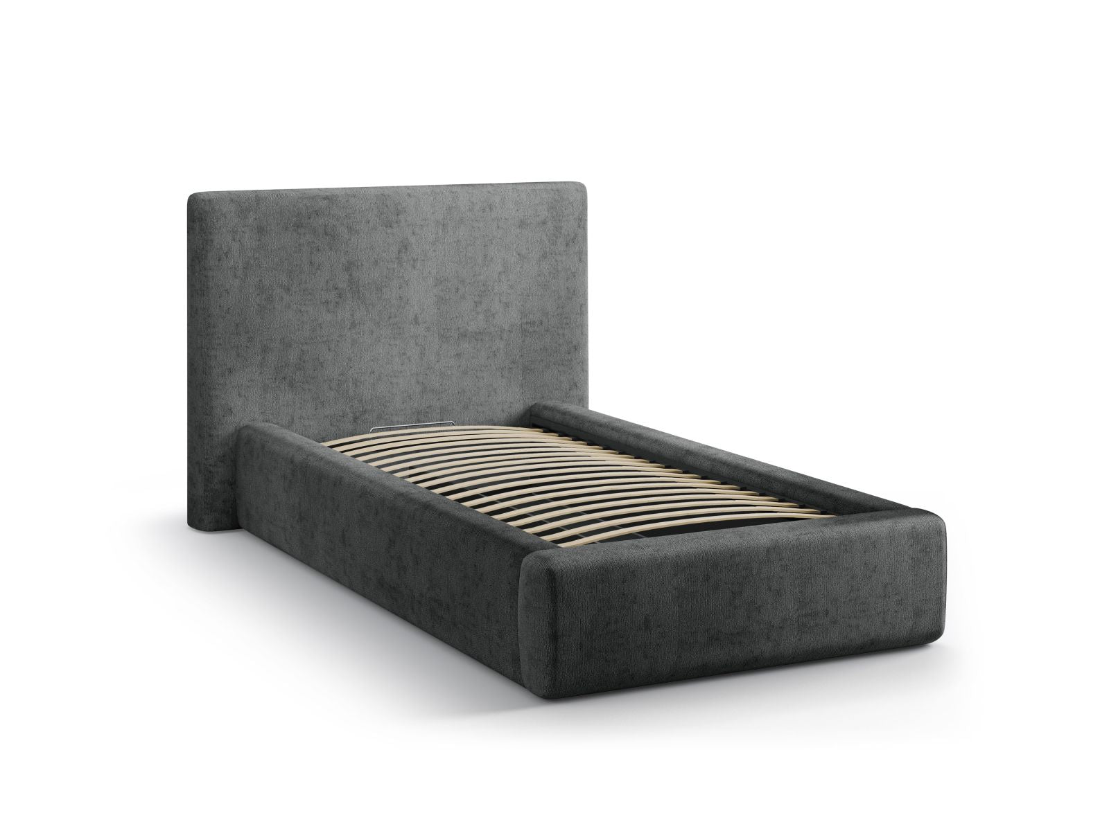 Elegantes Asti Bett in Dunkelgrau mit 90 cm Breite, bietet cleveren Stauraum und ein ansprechendes Kopfteil für ein modernes Schlafzimmer.