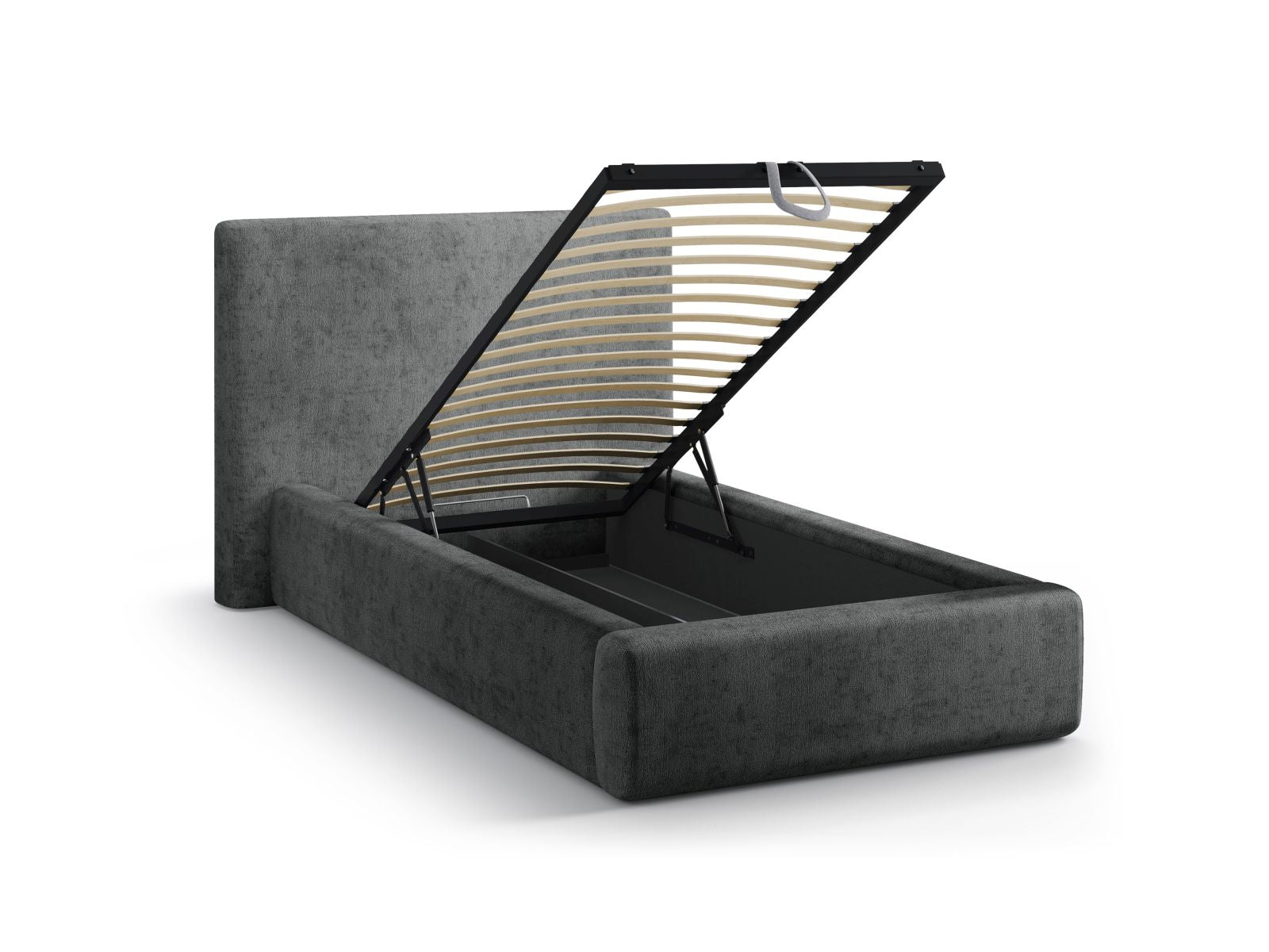 Stylisches Asti Bett in Dunkelgrau, 90 cm breit, mit praktischem Stauraum und modernem Kopfteil für ein zeitgemäßes Schlafzimmer.
