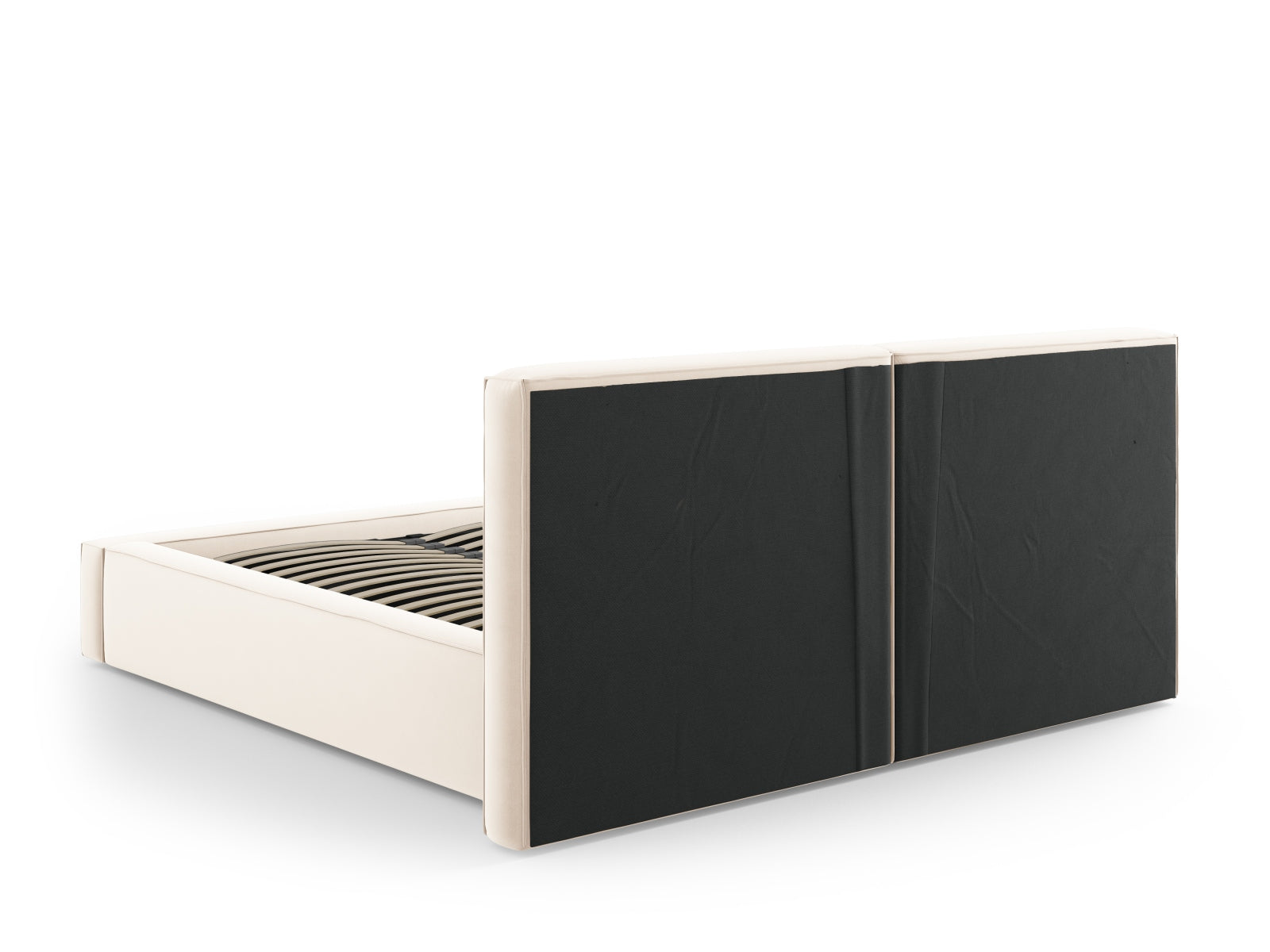 Elegantes Arendal Velour Bett in zartem Beige, bietet cleveren Stauraum und ein luxuriöses doppeltes Kopfteil für optimalen Schlafkomfort.