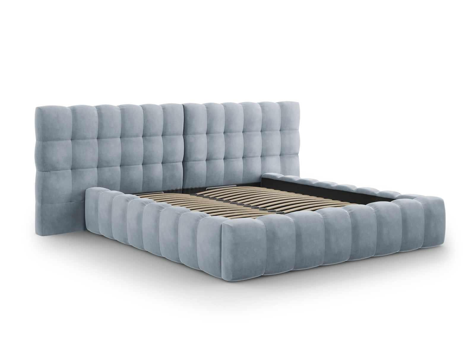 Elegantes Bali Bett mit praktischem Stauraum und doppeltem Kopfteil in sanftem Hellblau, ideal für stilvolle Schlafzimmer.