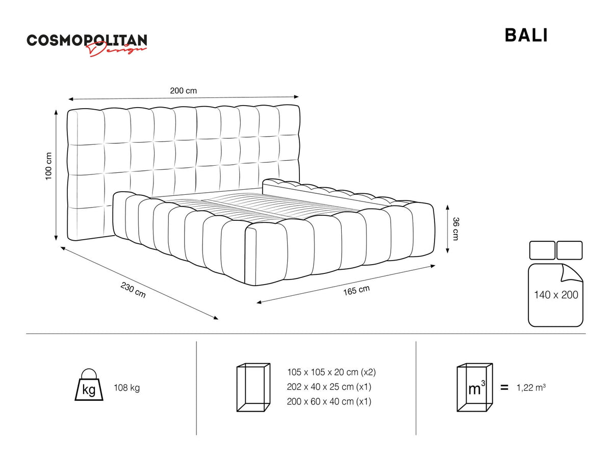 Bali Bett mit gestepptem Kopfteil im Bluvel-Stoff und schwarzen Kunststoffbeinen