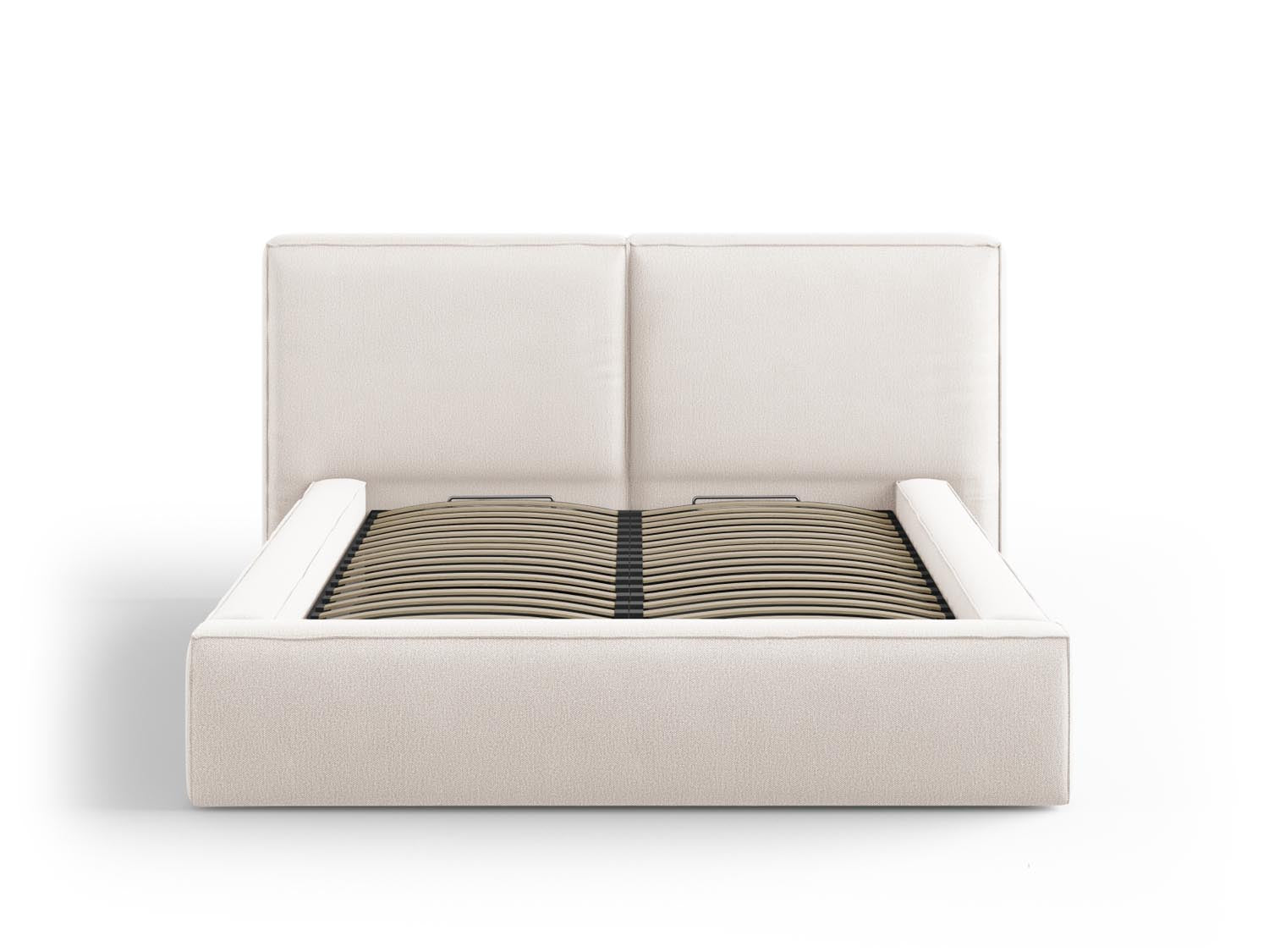 Elegantes Arendal Bett in Light Beige mit praktischem Stauraum und doppeltem Kopfteil, ideal für stilvolle Schlafzimmer.