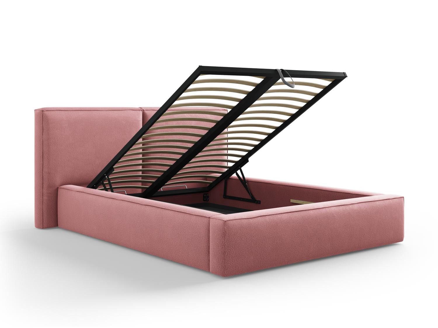 Elegantes Arendal Bett in sanftem Rosa, ausgestattet mit einem doppelten Kopfteil und cleverem Stauraum, perfekt für stilvolle Schlafzimmer.