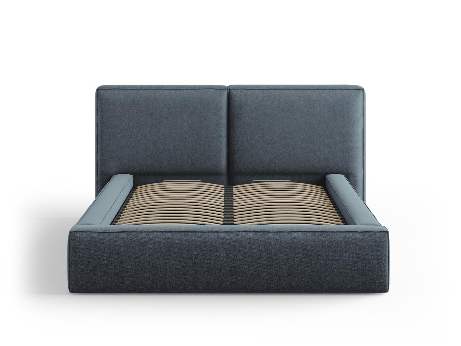 Elegantes Arendal Bett mit doppeltem Headboard und praktischer Stauraumfunktion in stilvollem Blau, ideal für moderne Schlafzimmer.