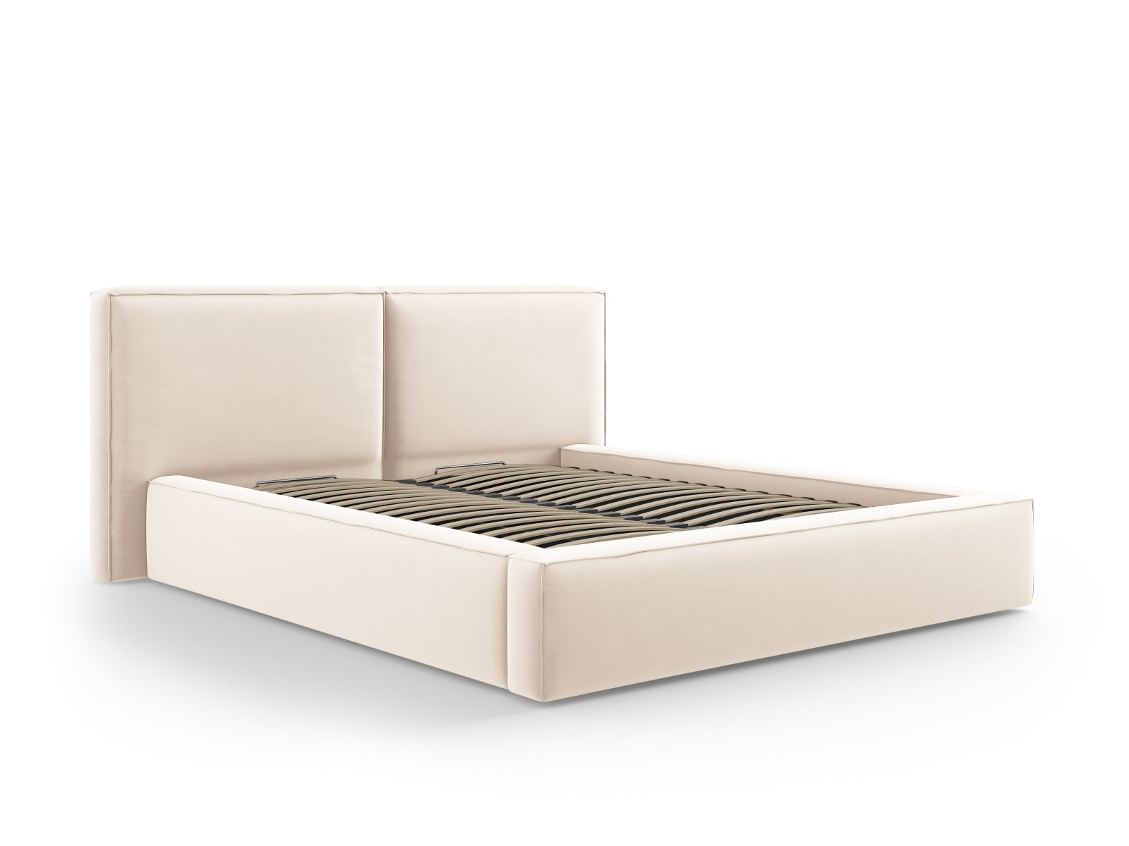 Stilvolles Arendal Velour Bett in sanftem Beige, ausgestattet mit praktischem Stauraum und einem doppelten Kopfteil für zusätzlichen Komfort.