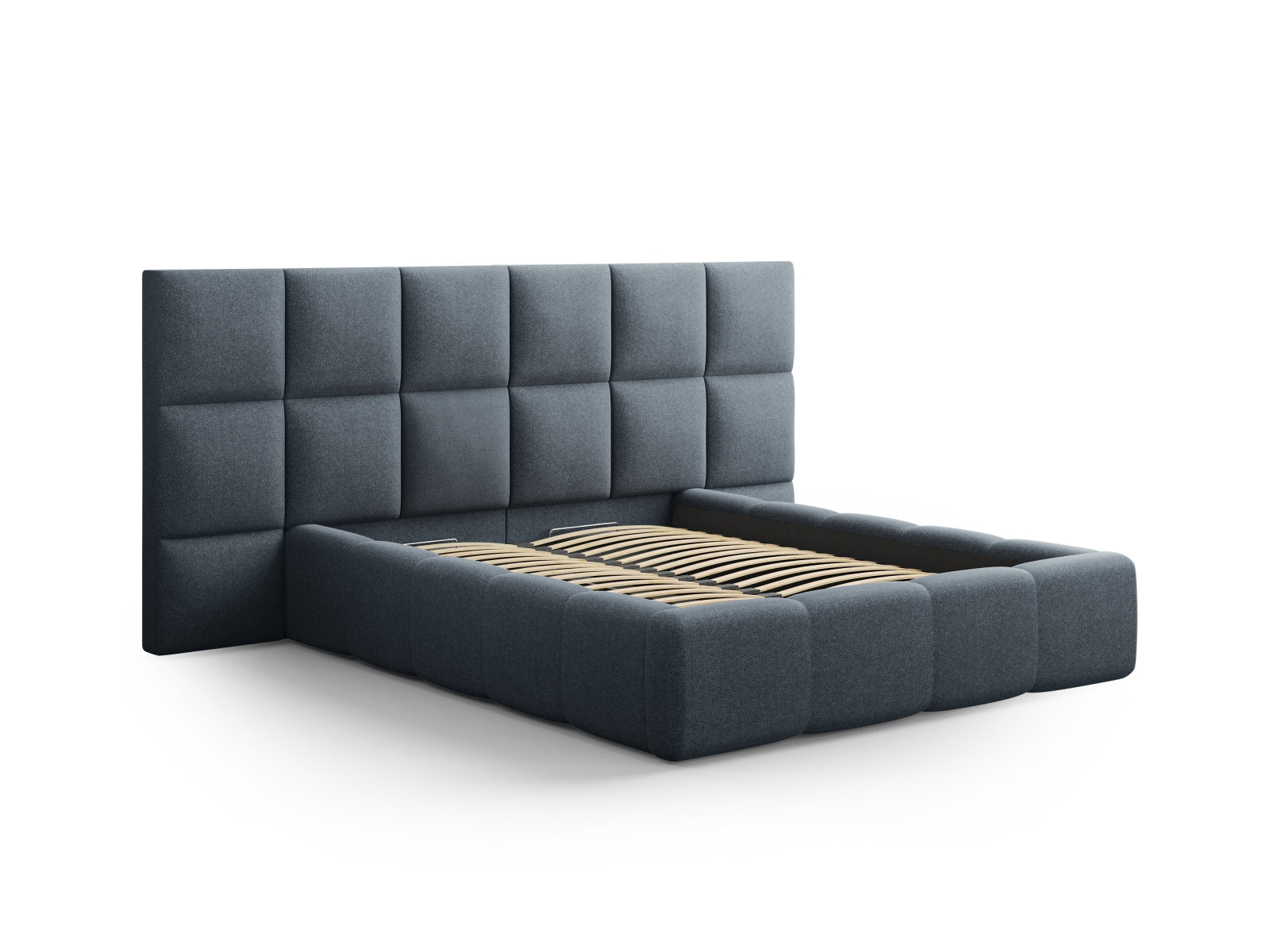 Elegantes Livigno Bett mit praktischem Stauraum und stilvollem Doppelkopfteil in Dunkelblau, ideal für moderne Schlafzimmer.