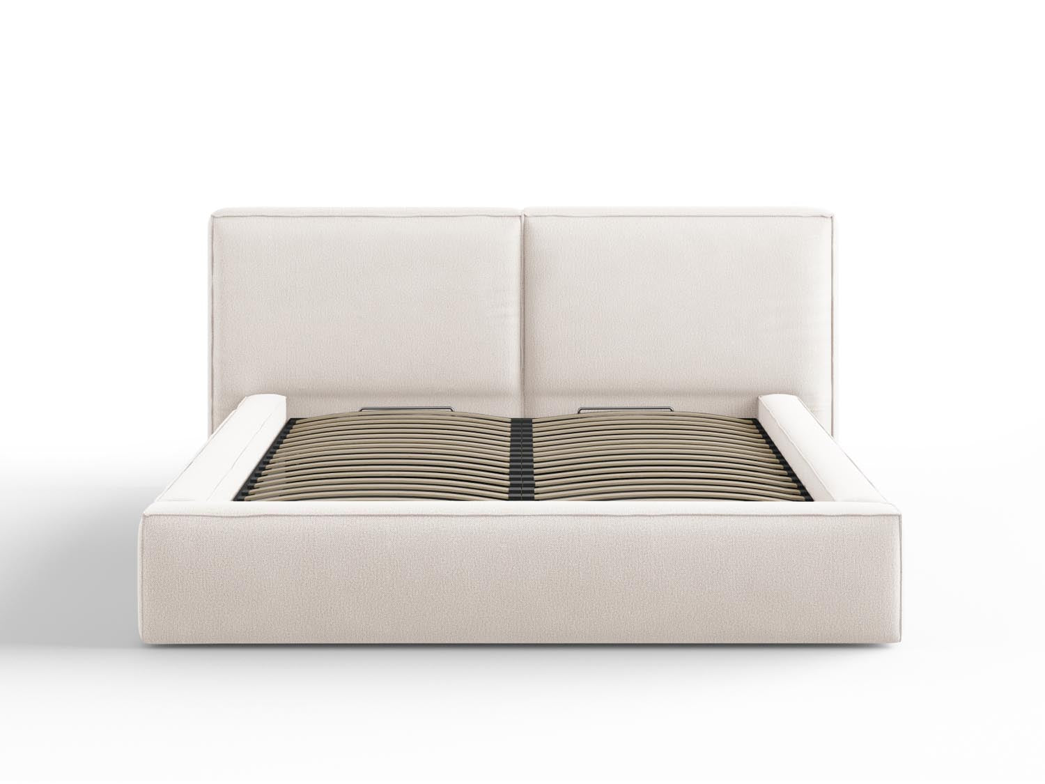 Elegantes Arendal Bett in Light Beige mit praktischem Stauraum und doppeltem Headboard, ideal für stilvolle Schlafzimmer.