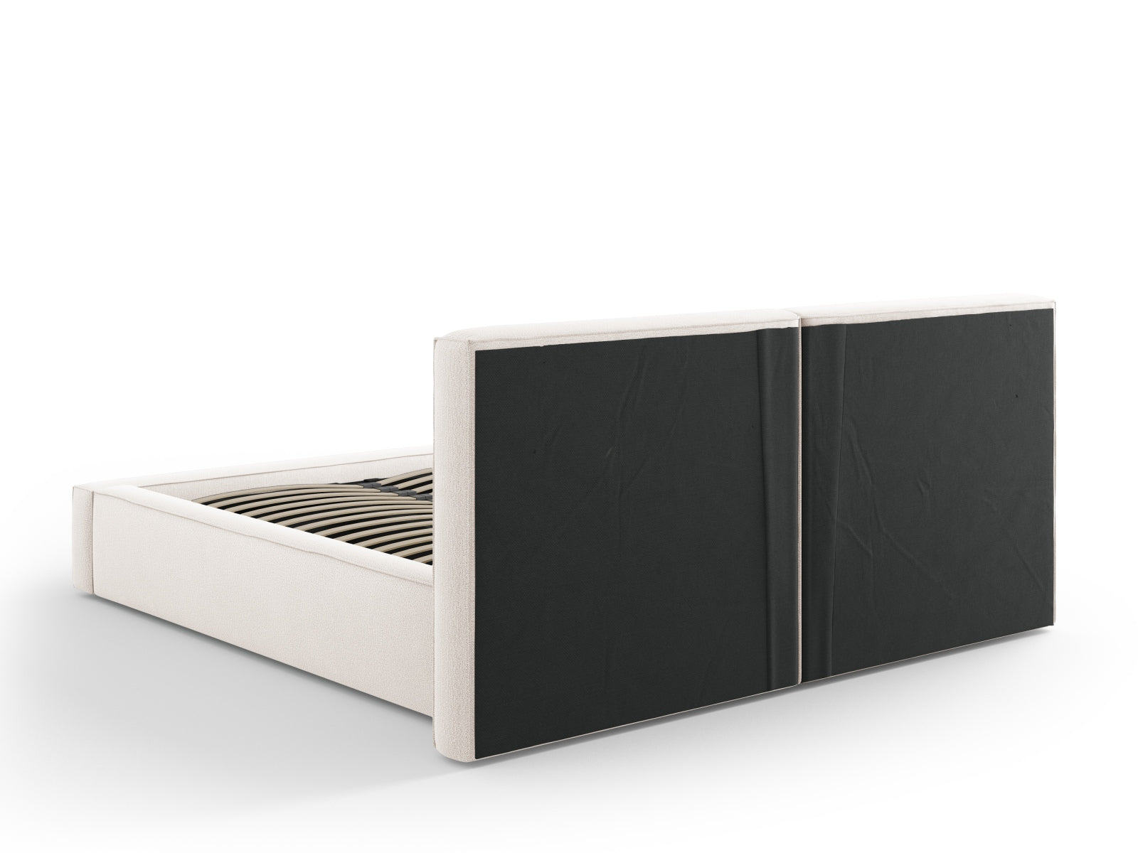 Elegantes Arendal Bett in hellem Beige, mit doppeltem Kopfteil und praktischem Stauraum, ideal für stilvolle Schlafzimmer.