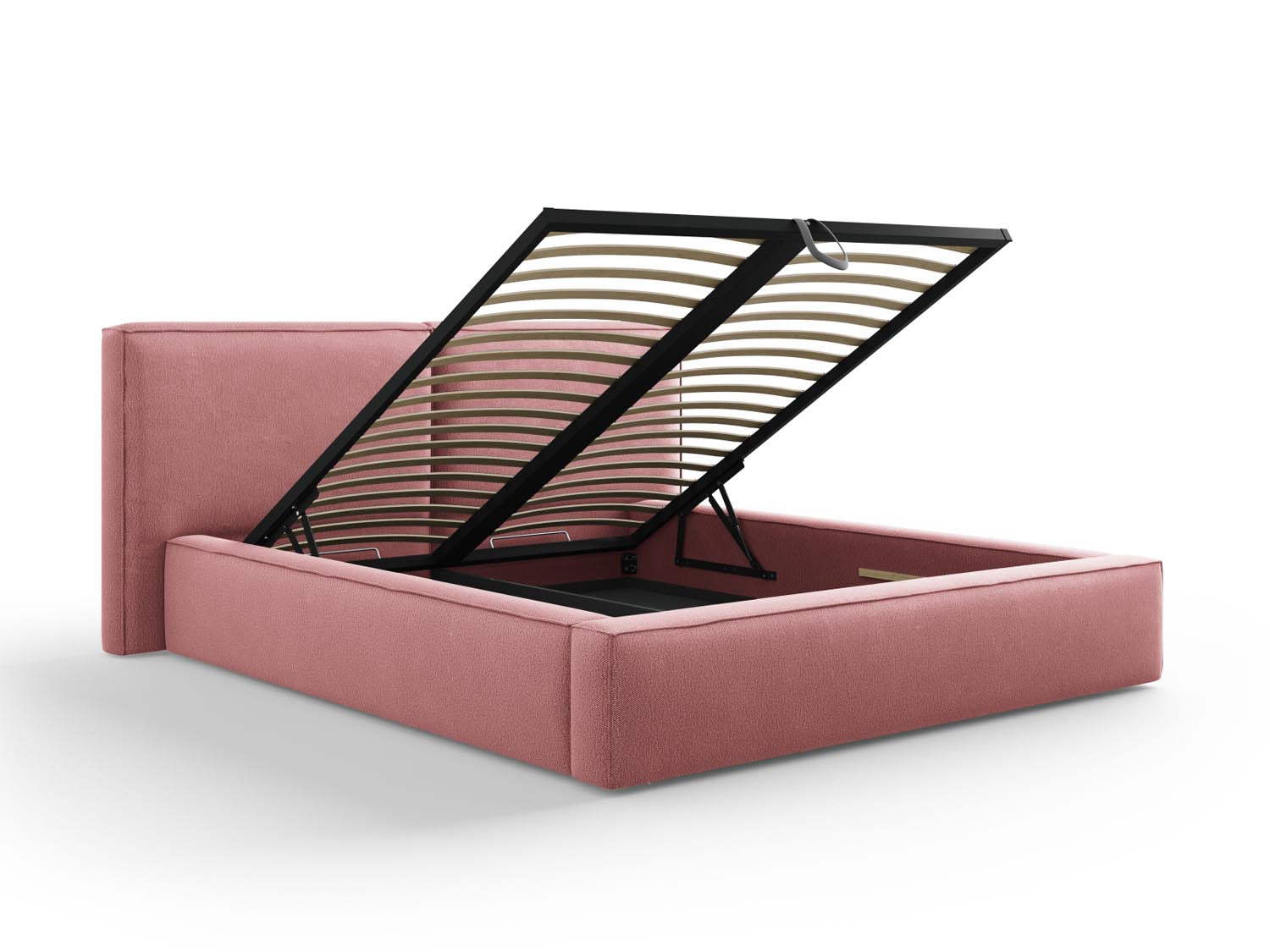 Modernes Arendal Bett in sanftem Rosa mit doppeltem Kopfteil und cleverem Stauraum, perfekt für funktionale und stilvolle Schlafräume.