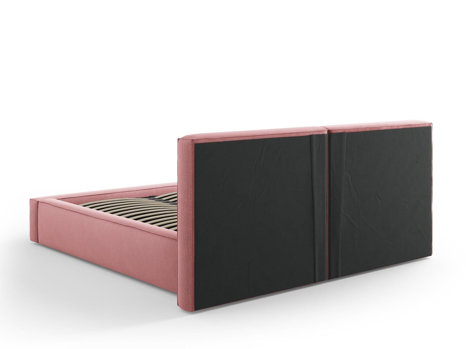 Elegantes Arendal Bett in zartem Rosa, ausgestattet mit doppeltem Kopfteil und praktischem Stauraum für ein stilvolles Schlafzimmer.