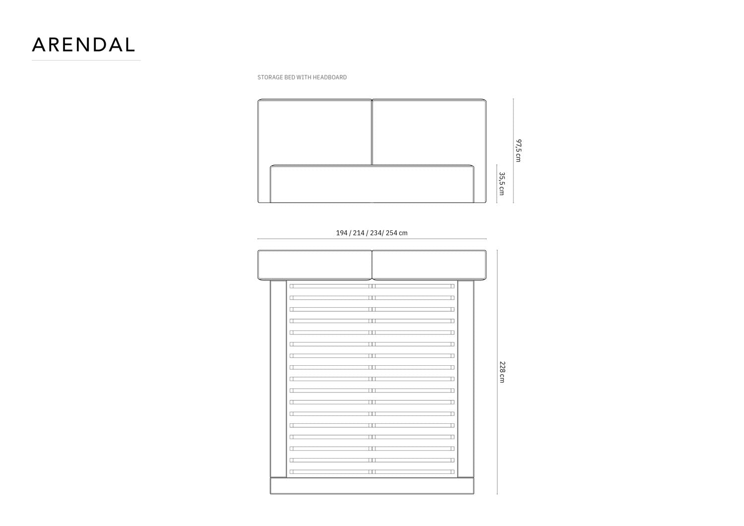 Modernes Arendal Bett in stilvollem Blau, ausgestattet mit doppeltem Kopfteil und cleverem Stauraum für ein aufgeräumtes Schlafzimmer.
