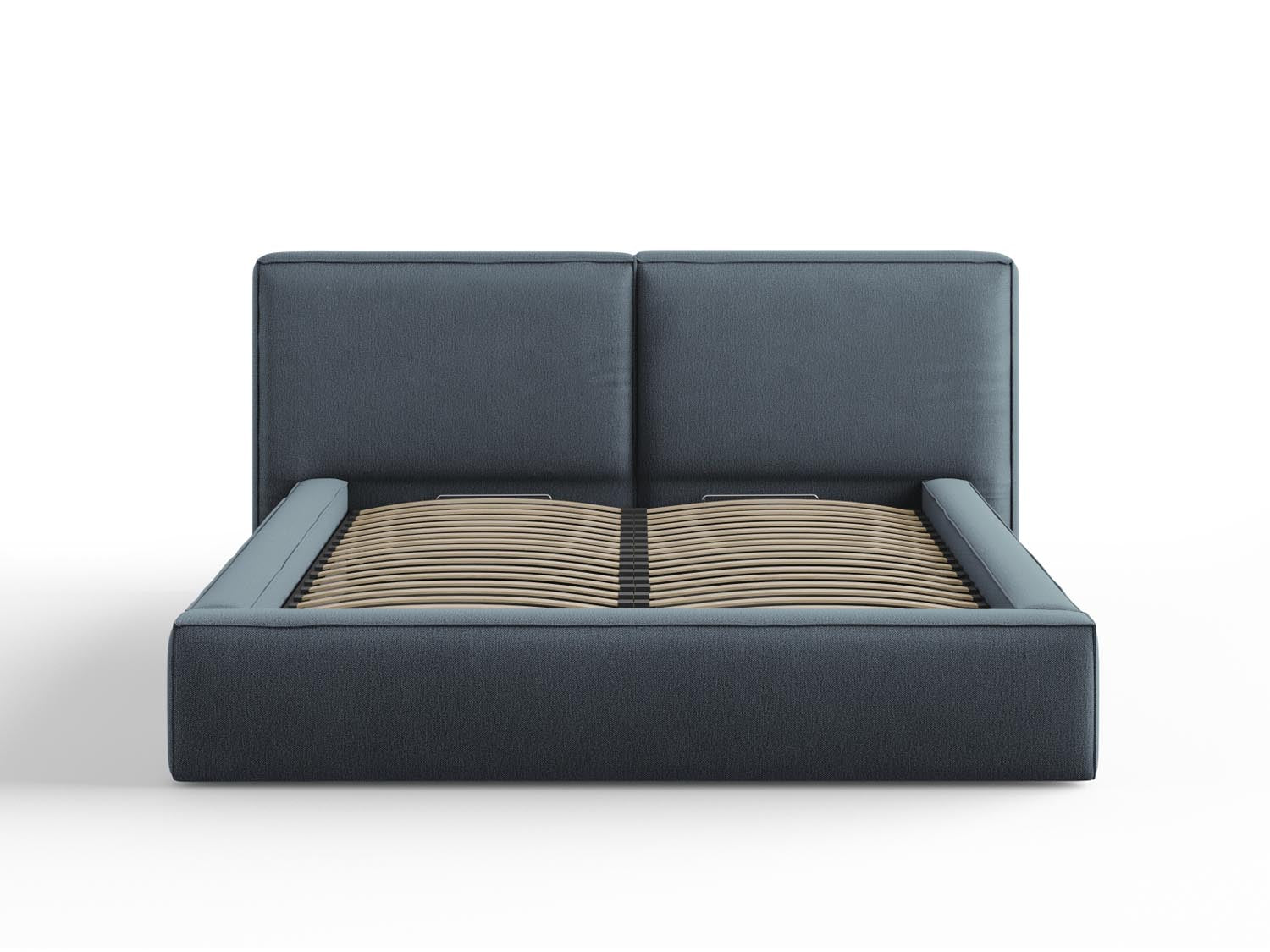 Elegantes Arendal Bett in Blau mit praktischem Stauraum und doppeltem Kopfteil, ideal für stilvolle Schlafzimmergestaltung.