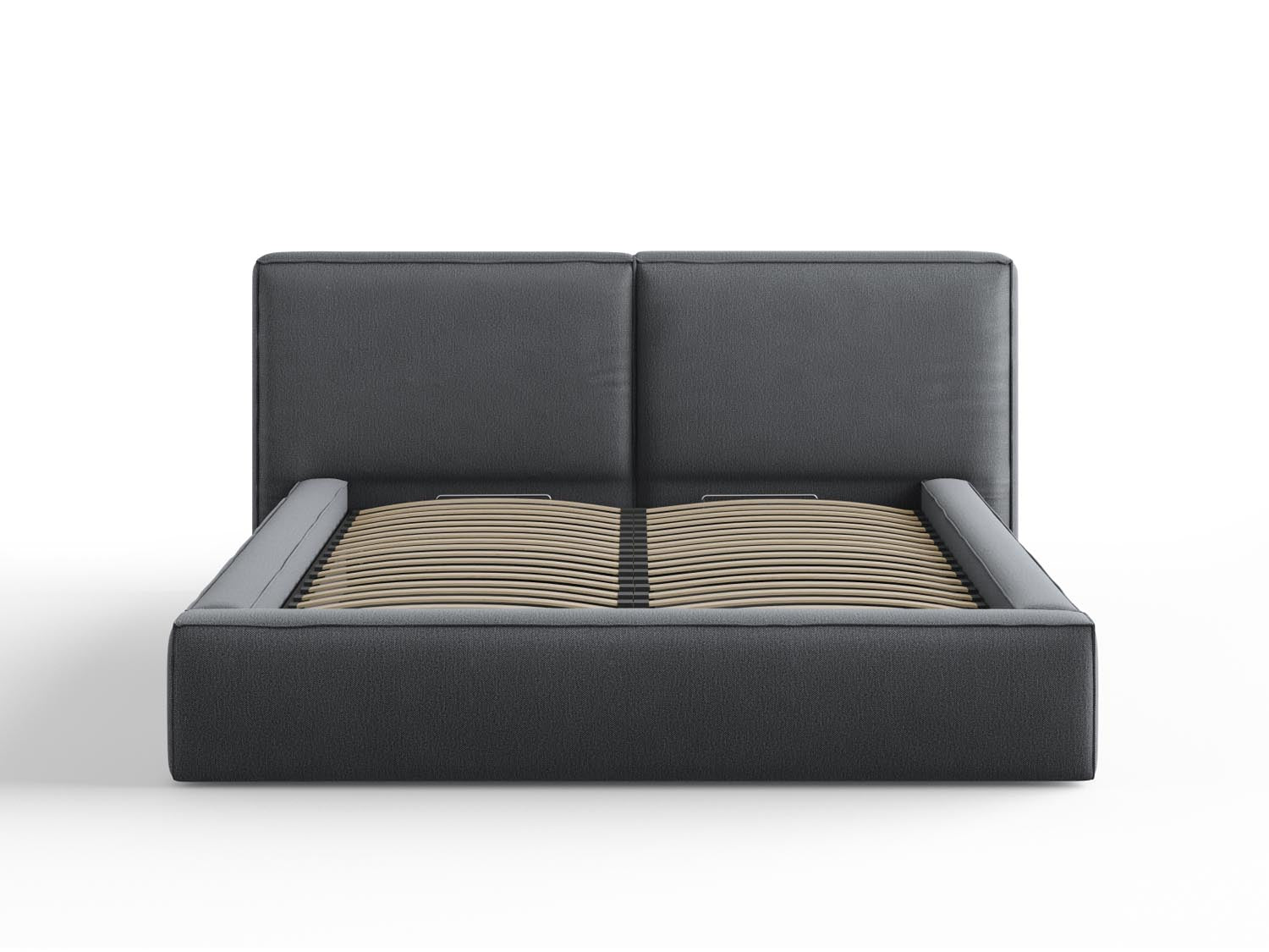 Elegantes Arendal Bett in Dunkelgrau mit praktischem Stauraum und doppeltem Kopfteil, ideal für stilvolle Schlafzimmer.