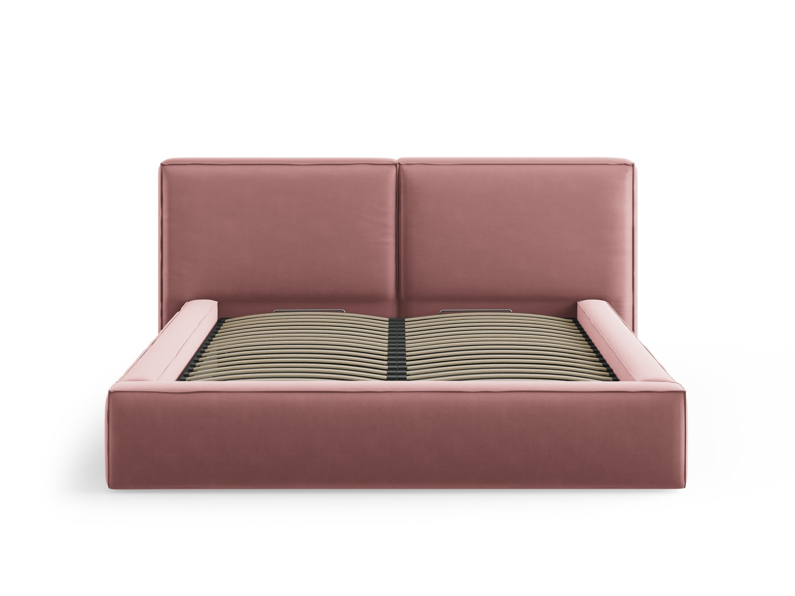 Elegantes Arendal Velour Bett in zartem Rosa, ausgestattet mit praktischem Stauraum und einem stilvollen doppelten Kopfteil.