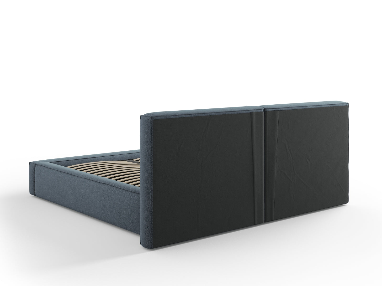 Elegantes Arendal Velour Bett in edlem Blau, bietet cleveren Stauraum und ein komfortables, doppeltes Kopfteil für stilvolle Schlafzimmer.