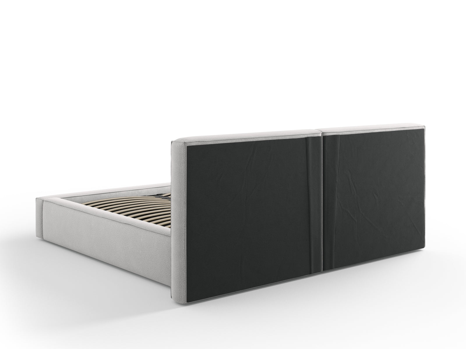Elegantes Arendal Velour Bett in sanftem Grau, bietet cleveren Stauraum und ein luxuriöses doppeltes Kopfteil für optimalen Schlafkomfort.