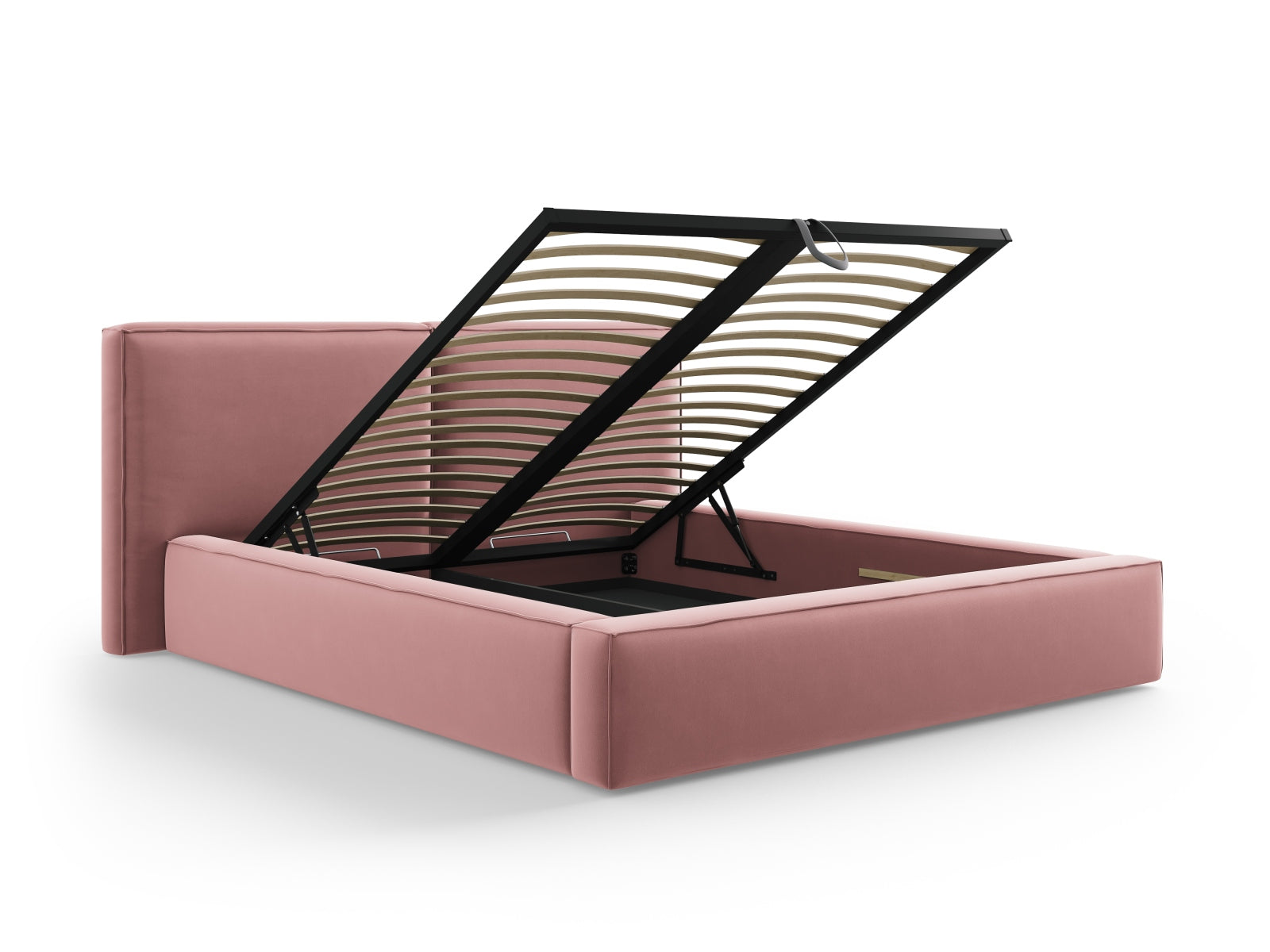 Luxuriöses Arendal Velour Bett in Pink-Casino, ausgestattet mit praktischem Stauraum und einem doppelten Kopfteil für ein modernes Ambiente.