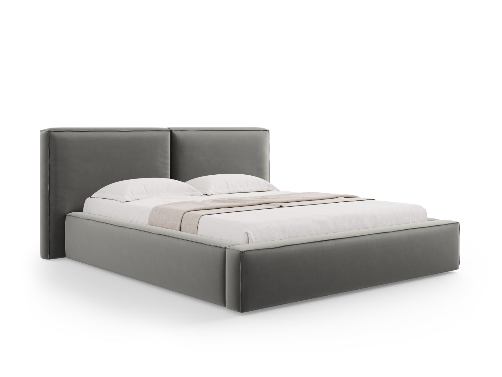 Arendal Velour Bett mit Stauraum und doppeltem Headboard 200cm in Light Grey-Casino präsentiert im Onlineshop von KAQTU Design AG. Bett ist von Cosmopolitan Design