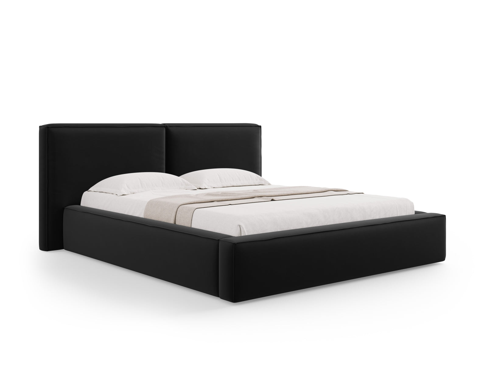 Arendal Velour Bett mit Strauaum und doppeltem Headboard  251cm in Black präsentiert im Onlineshop von KAQTU Design AG. Bett ist von Cosmopolitan Design