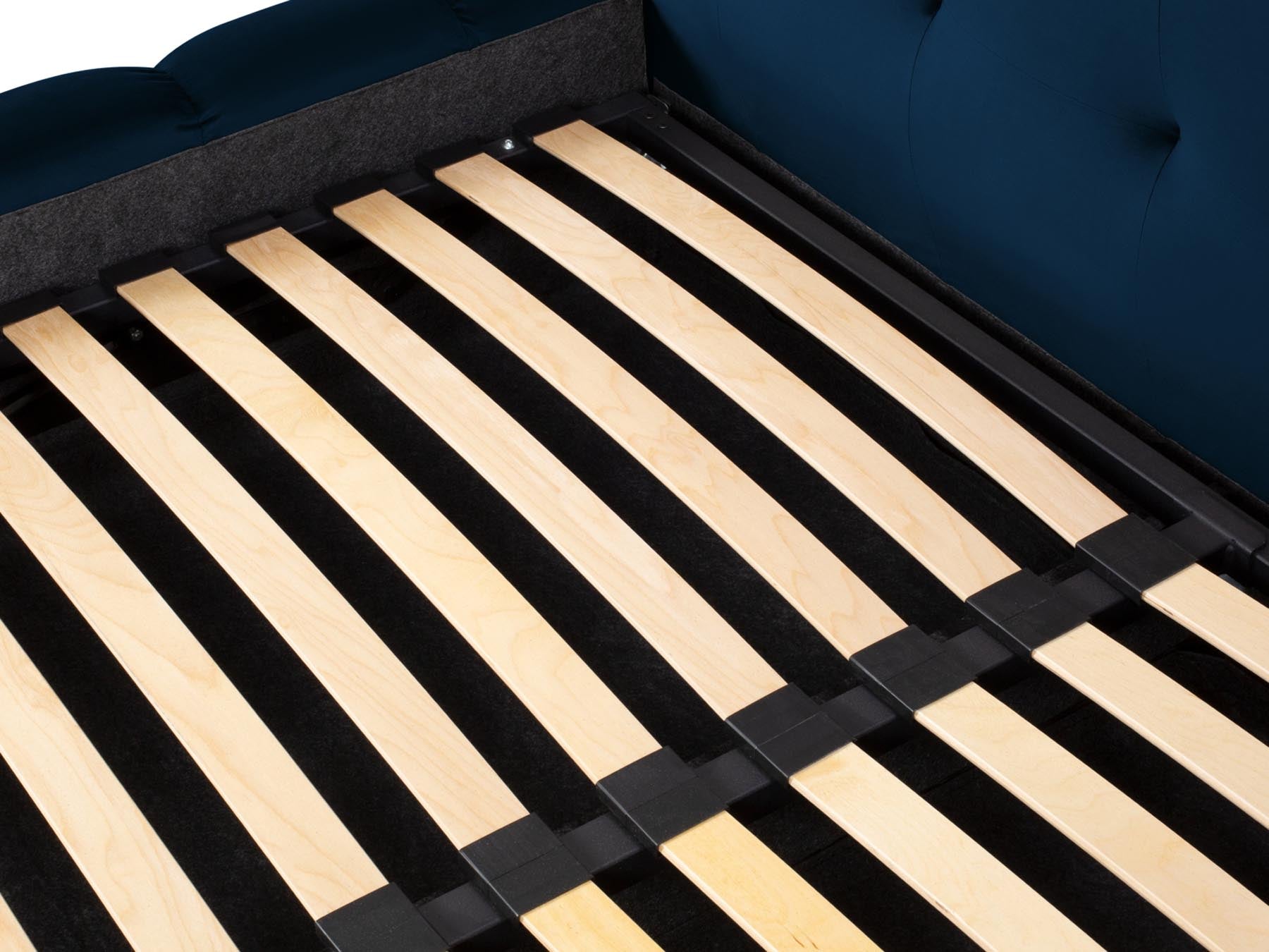 Stilvolles Bali Bett in Royal Blue mit doppeltem Kopfteil und integriertem Stauraum, perfekt für zeitgemäße Schlafzimmerlösungen.