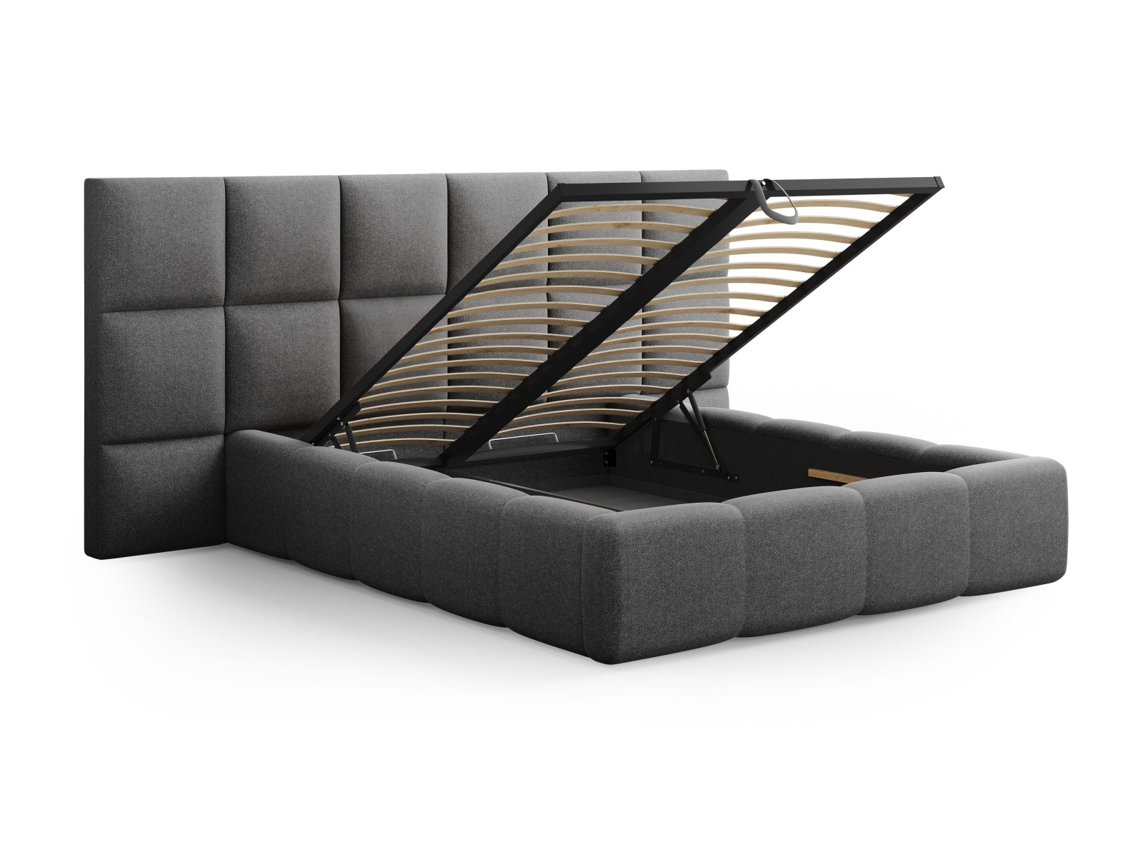 Elegantes Livigno Bett in Dunkelgrau mit doppeltem Kopfteil und praktischem Stauraum, ideal für stilvolle Schlafzimmerlösungen.