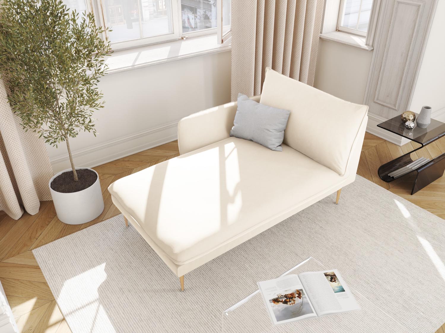 Elegantes Vienna Velour Sofa Chaise Lounge links mit 1 Sitz, 110 cm in sanftem Beige und goldenen Akzenten, ideal für stilvolle Wohnräume.