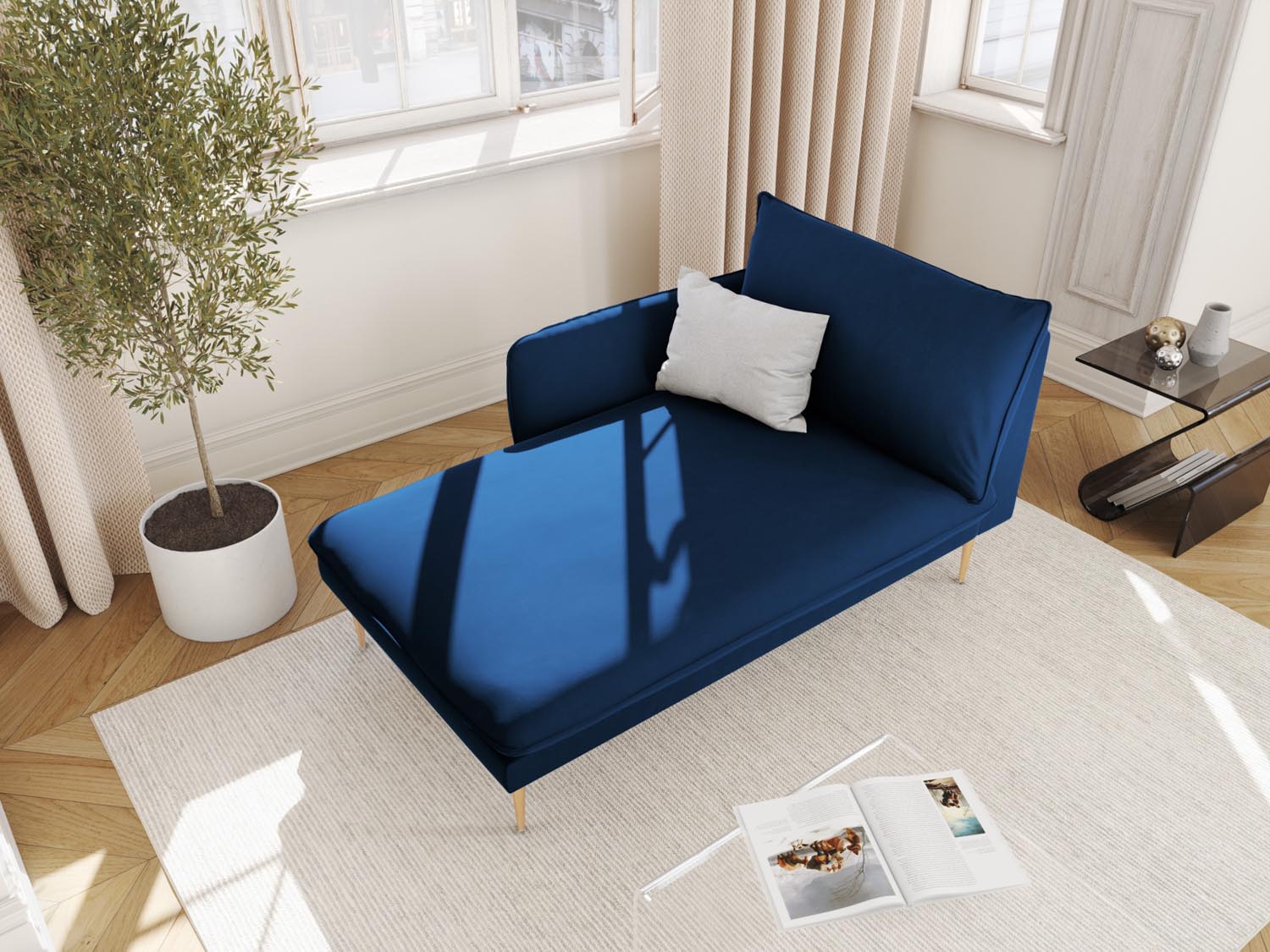 Vienna Velour Sofa Chaise Lounge links 1 Sitz 110cm in Royal Blue/Gold-Bluvel präsentiert im Onlineshop von KAQTU Design AG. L-Sofa links ist von Cosmopolitan Design