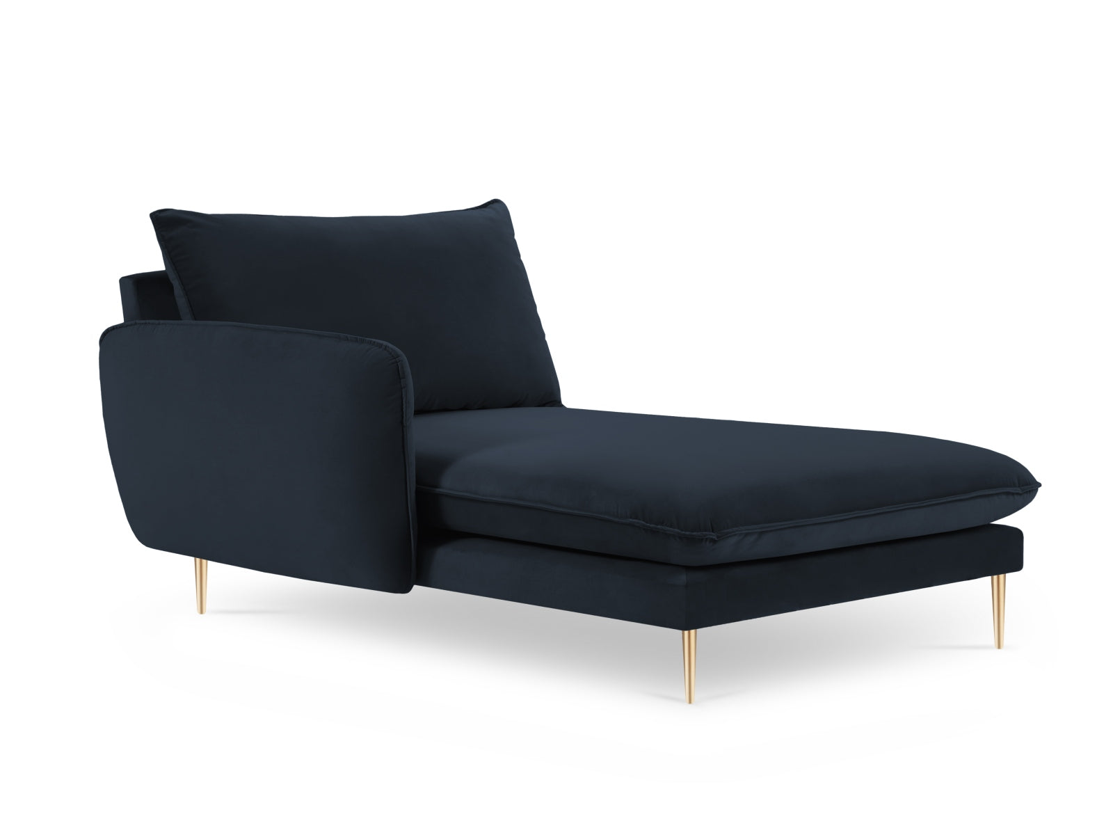 Stilvolles Vienna Velour Sofa Chaise Lounge links mit edlem dunkelblauen Stoff und goldenen Details, perfekt für moderne Interiors.