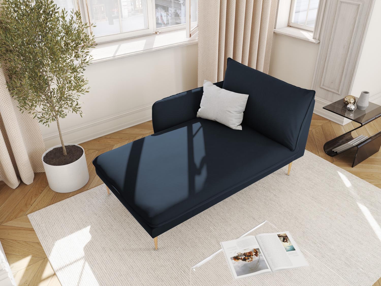 Elegantes Vienna Velour Sofa Chaise Lounge links mit luxuriösem dunkelblauen Veloursbezug und goldenen Akzenten, ideal für stilvolle Wohnräume.