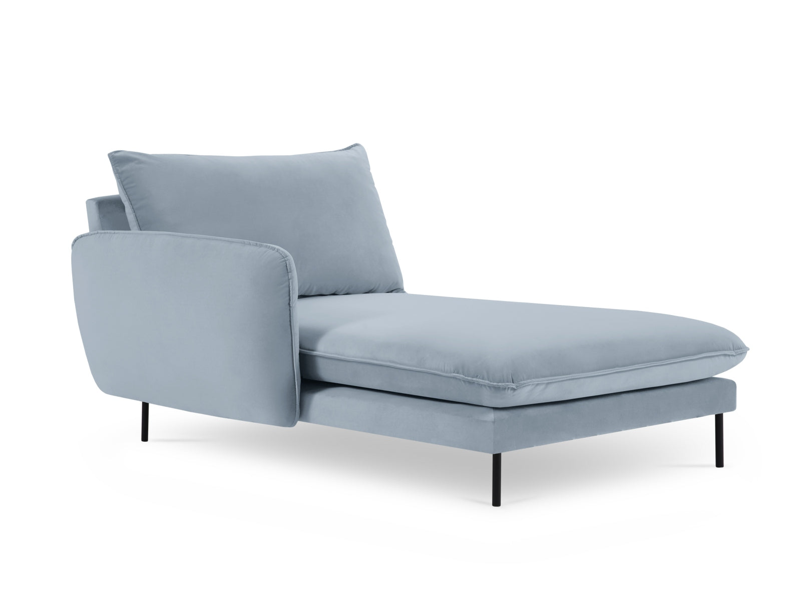 Stylisches Vienna Velour Sofa Chaise Lounge links mit 1 Sitz, in sanftem Hellblau und edlem Schwarz-Bluvel, perfekt für zeitgemäße Inneneinrichtungen.