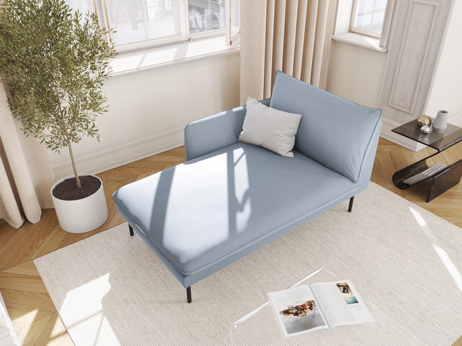 Elegantes Vienna Velour Sofa Chaise Lounge links mit 1 Sitz in sanftem Hellblau und stilvollem Schwarz-Bluvel, ideal für moderne Wohnräume.