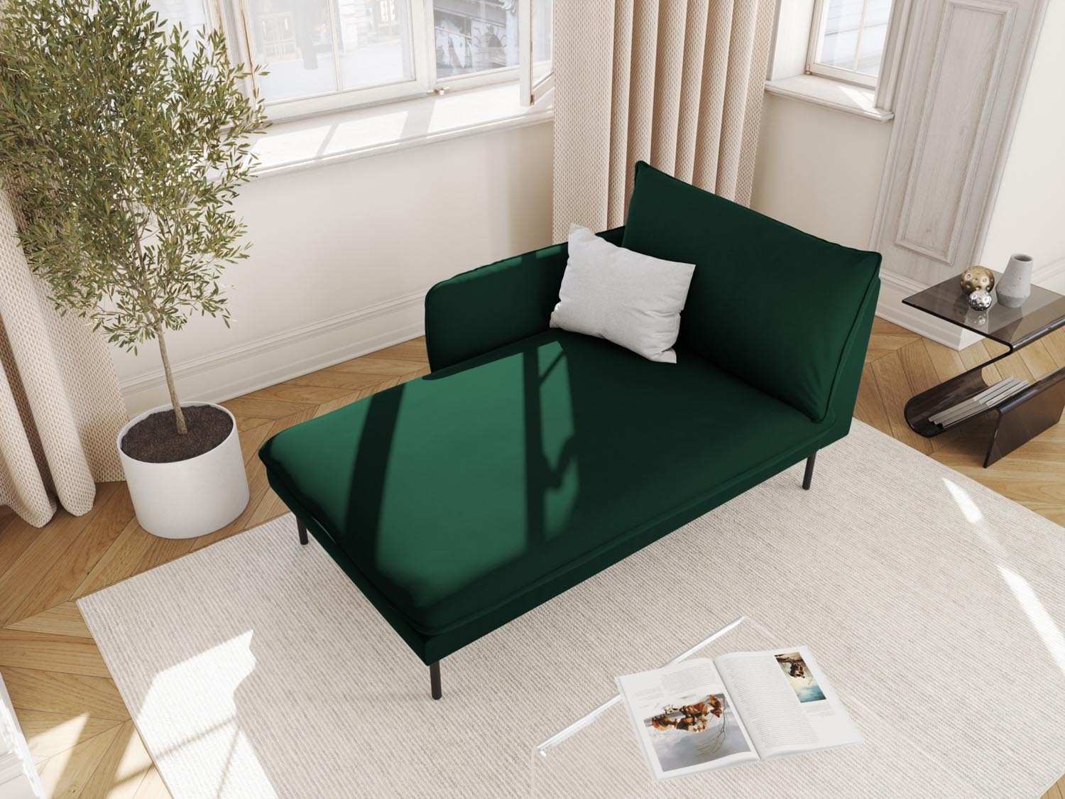 Elegantes Vienna Velour Sofa Chaise Lounge links in edlem Flaschengrün und Schwarz-Bluvel, ideal für stilvolle Wohnräume.
