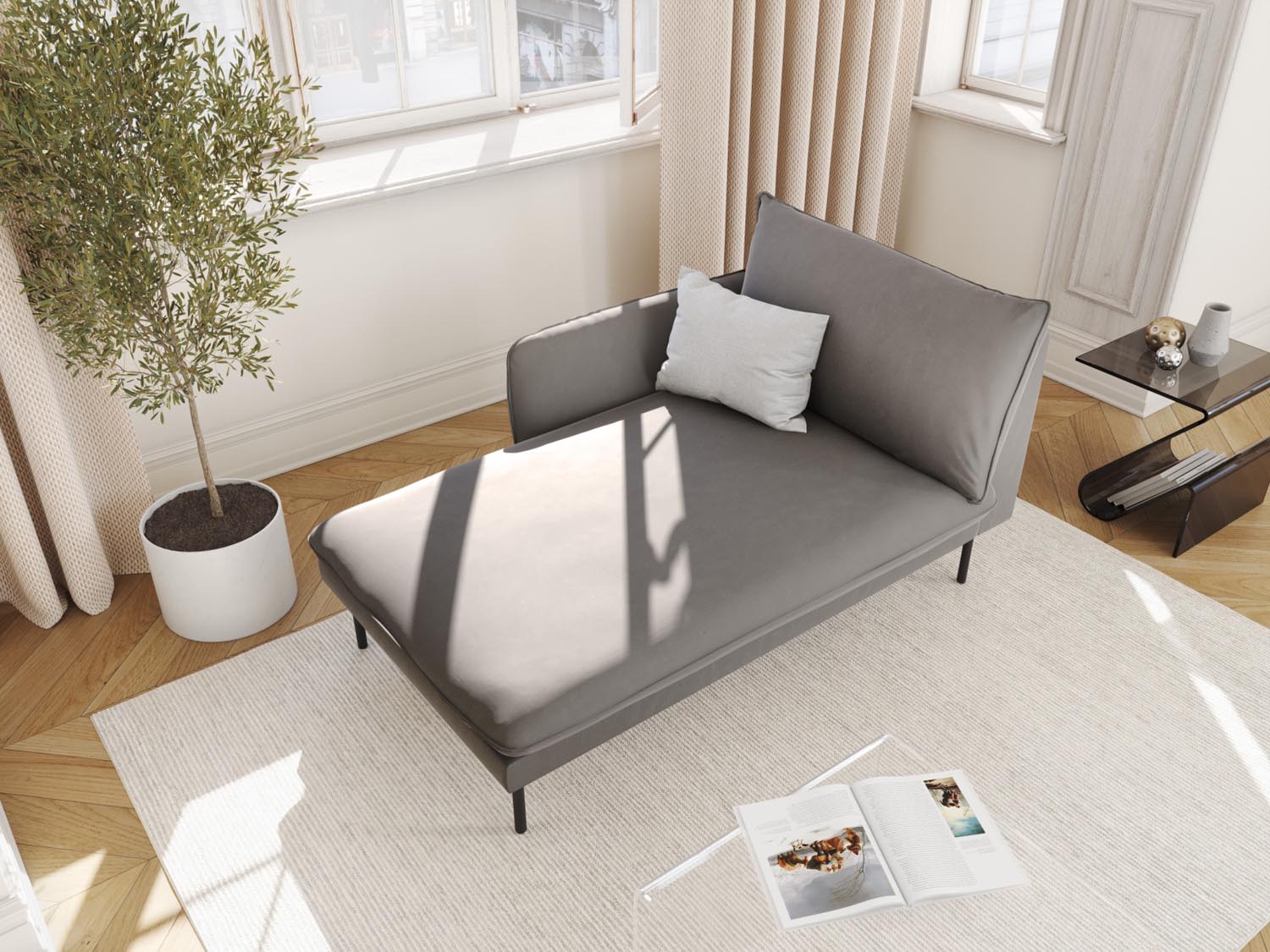 Elegantes Vienna Velour Sofa Chaise Lounge links mit 1 Sitz in sanftem Hellgrau und stilvollem Schwarz-Bluvel, ideal für moderne Wohnräume.