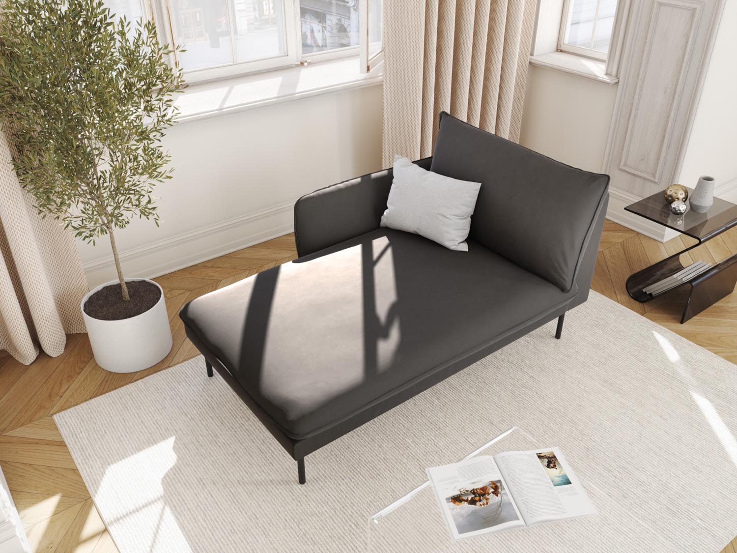 Elegantes Vienna Velour Sofa Chaise Lounge links mit 1 Sitz, 110 cm, in stilvollem Dunkelgrau/Schwarz-Bluvel, ideal für moderne Wohnräume.