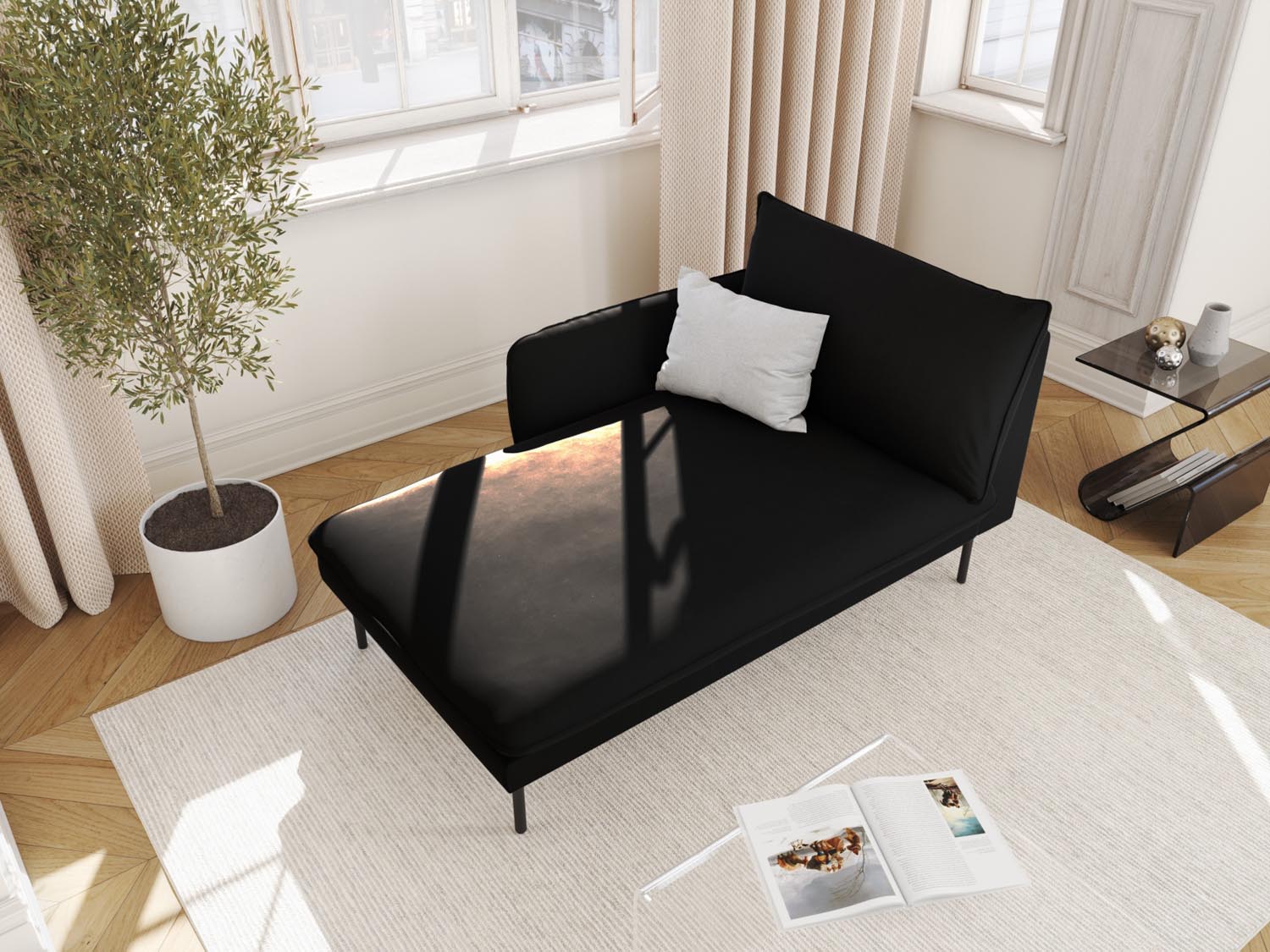 Elegantes Vienna Velour Sofa Chaise Lounge links mit 1 Sitz und 110 cm in stilvollem Schwarz, ideal für moderne Wohnräume.