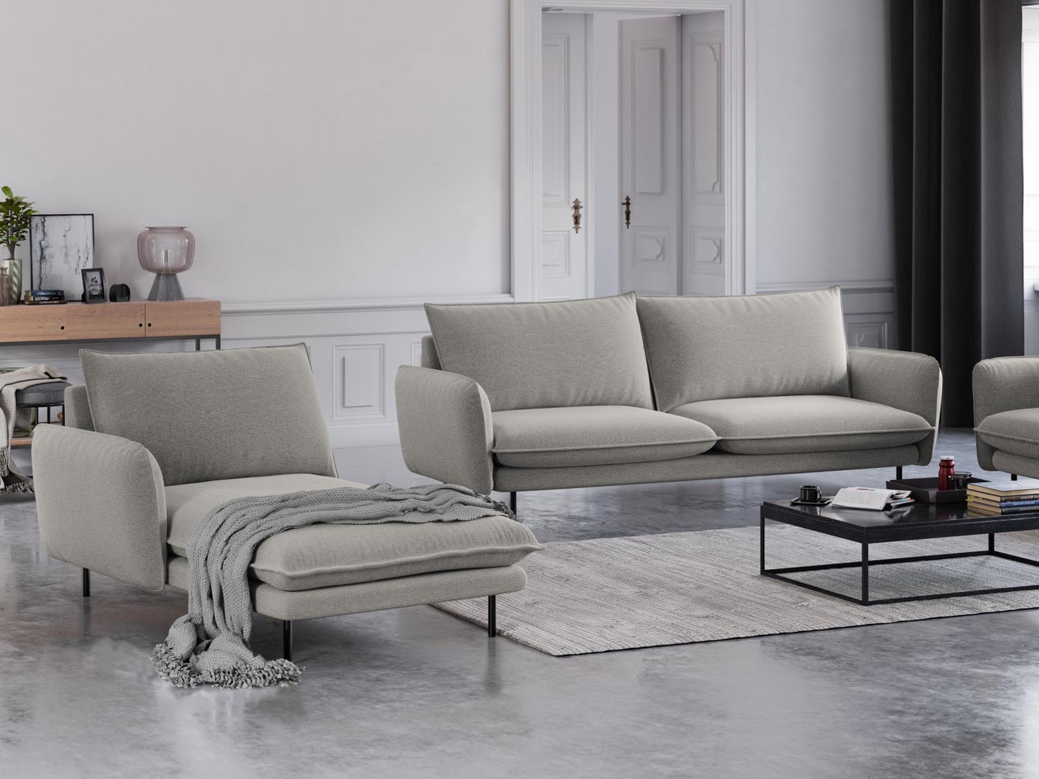 Elegantes Vienna Sofa Chaise Lounge links mit 1 Sitz und 110 cm in sanftem Hellgrau und stilvollem Schwarz, ideal für moderne Wohnräume.