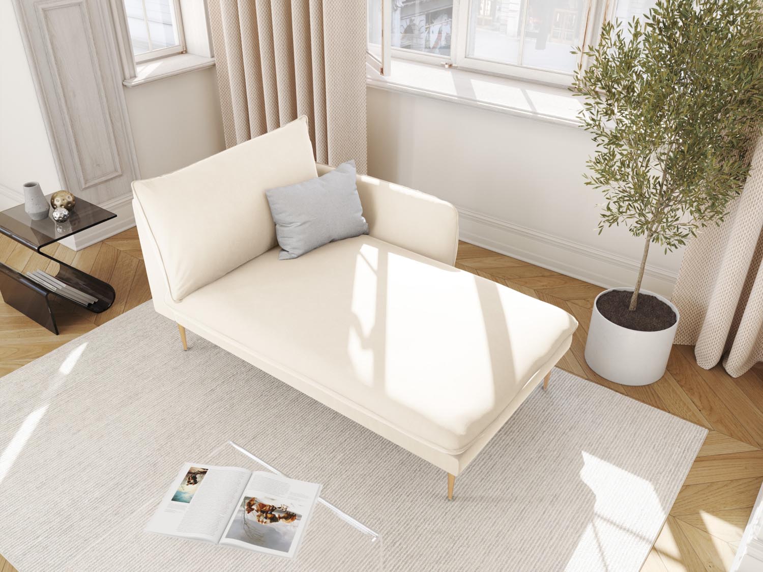 Elegantes Vienna Velour Sofa Chaise Lounge in Light Beige mit goldenen Akzenten, ideal für stilvolle Wohnräume. Rechtsseitige Sitzgelegenheit.