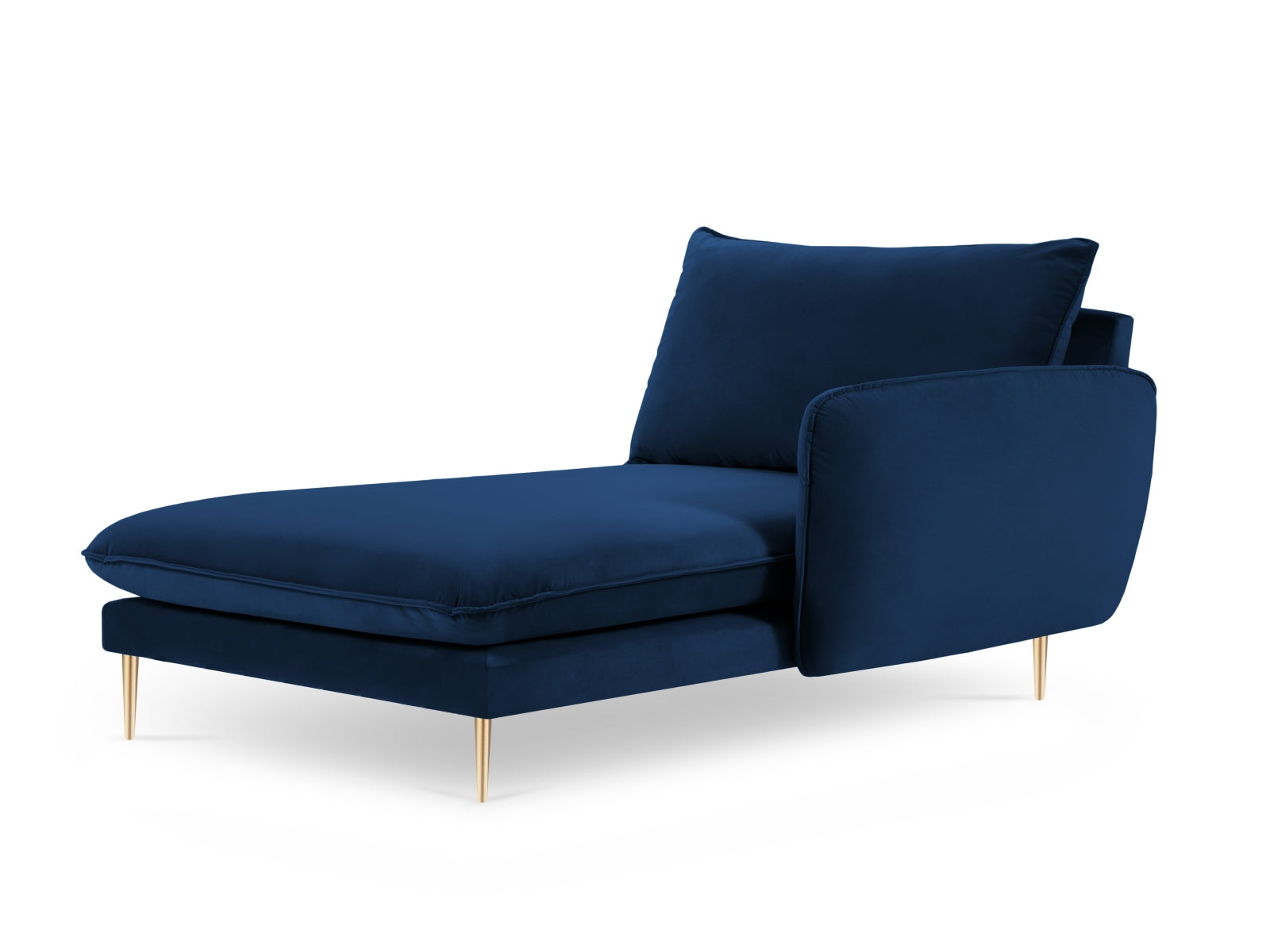 Stilvolles Vienna Velour Sofa Chaise Lounge in Royalblau, mit luxuriösen goldenen Details, perfekt für moderne Wohnkonzepte. Rechtsseitig.