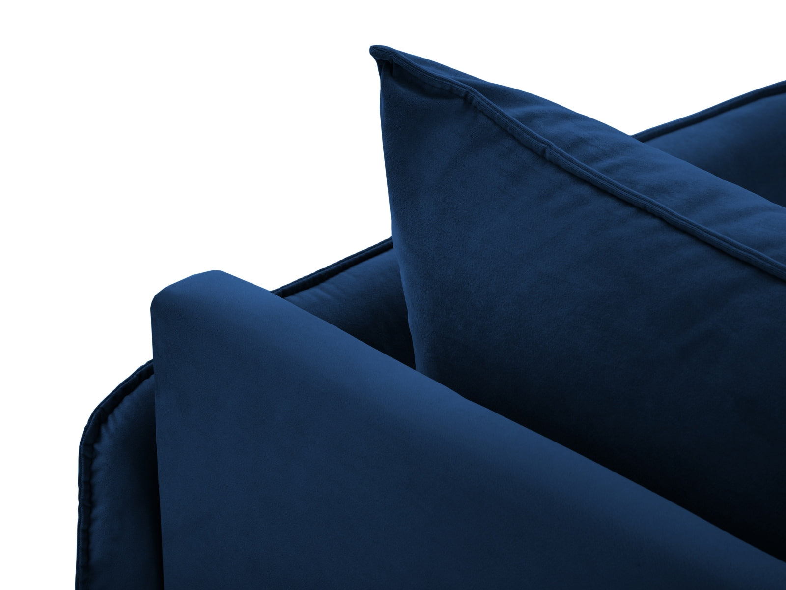 Elegantes Vienna Velour Sofa Chaise Lounge in tiefem Royalblau, mit edlen goldenen Akzenten, ideal für stilvolle Wohnräume. Rechtsseitige Ausführung.