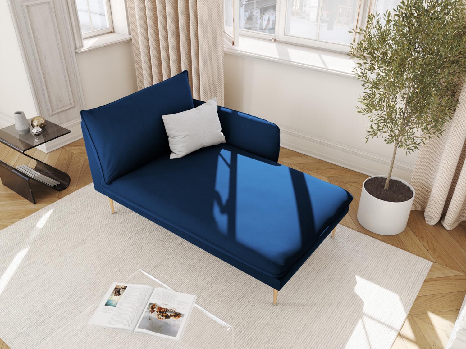 Vienna Velour Sofa Chaise Lounge rechts 1 Sitz 110cm in Royal Blue/Gold-Bluvel präsentiert im Onlineshop von KAQTU Design AG. L-Sofa rechts ist von Cosmopolitan Design