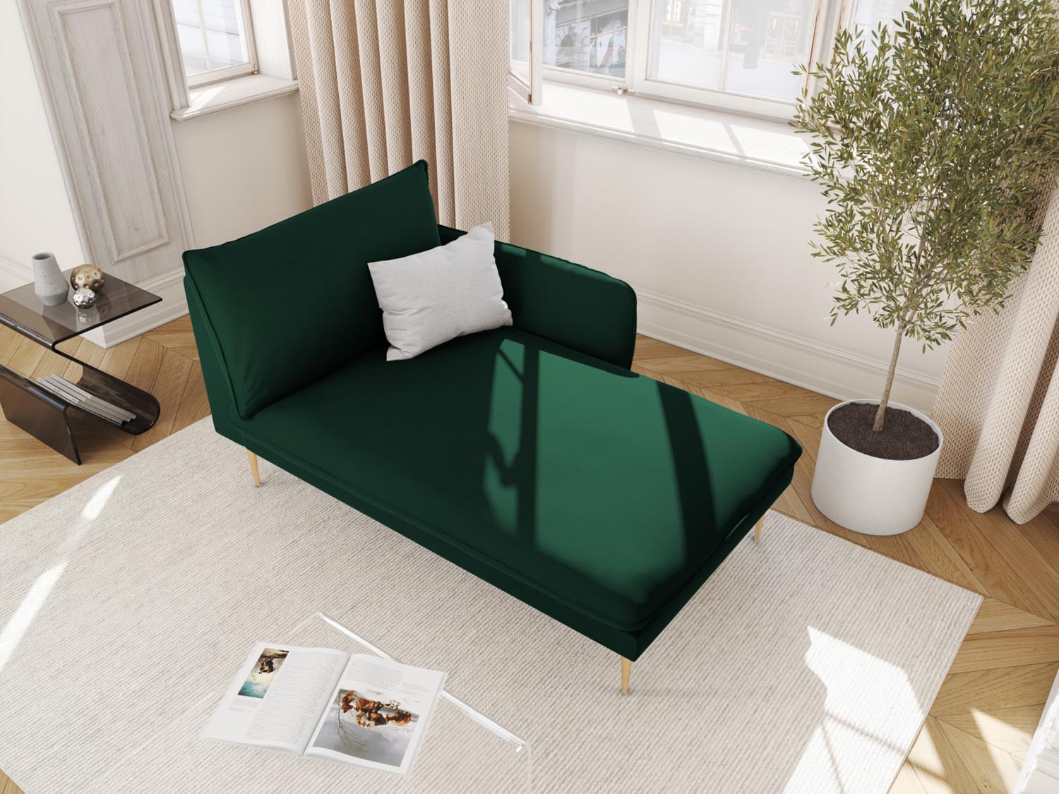 Elegantes Vienna Velour Sofa Chaise Lounge in Flaschengrün mit goldenen Akzenten, ideal für stilvolle Wohnräume. 1 Sitz, 110 cm, von Cosmopolitan Design.
