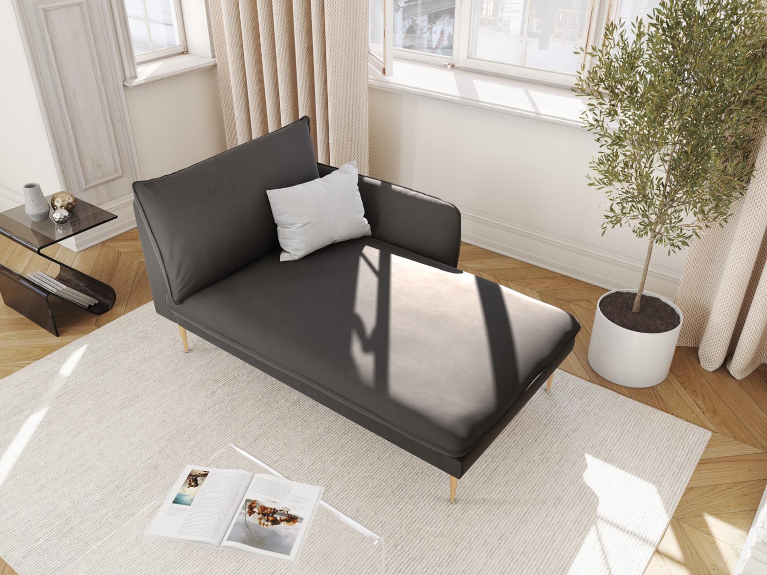Vienna Velour Sofa Chaise Lounge rechts 1 Sitz 110cm in Dark Grey/Gold-Bluvel präsentiert im Onlineshop von KAQTU Design AG. L-Sofa rechts ist von Cosmopolitan Design