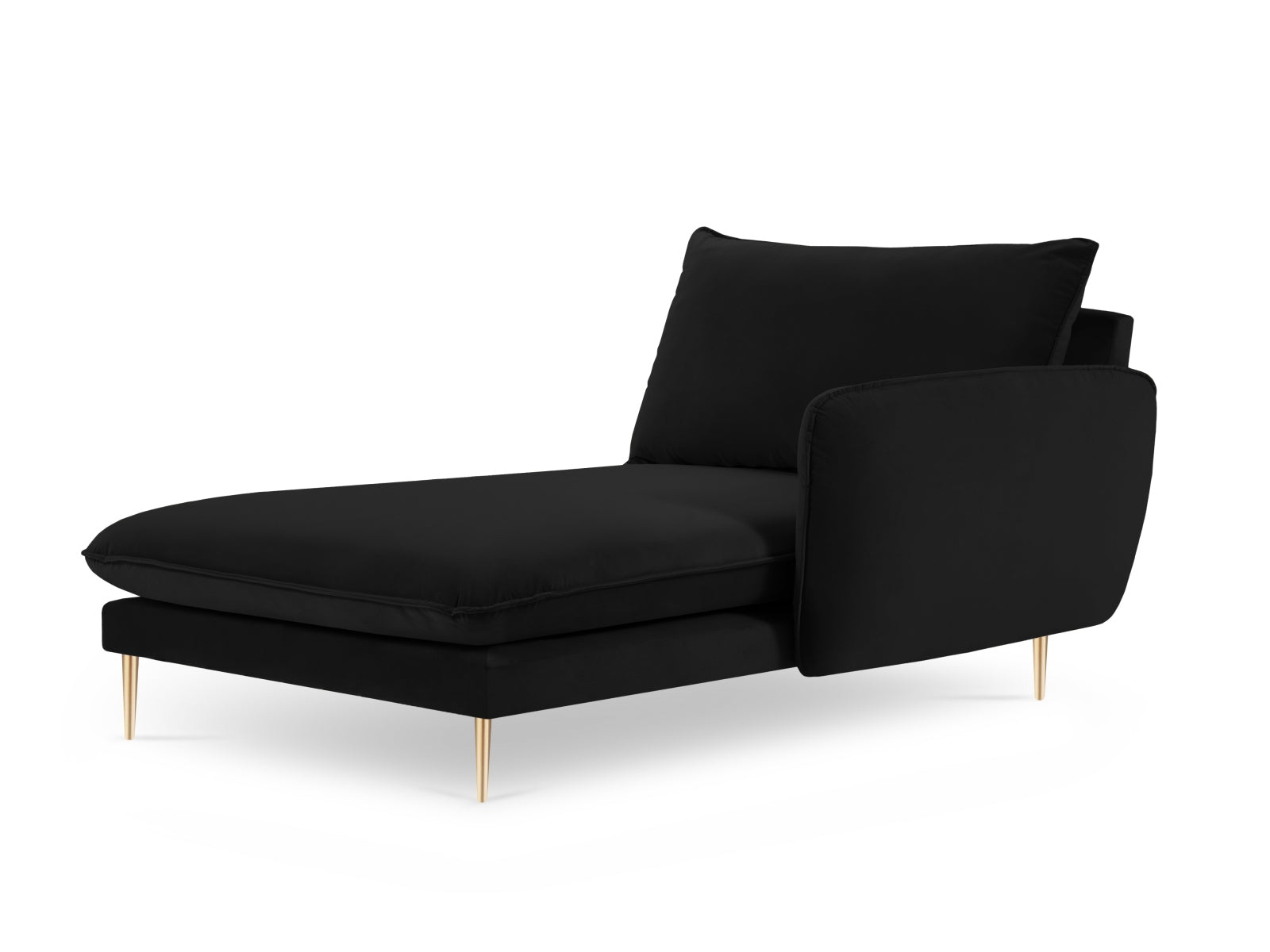 Schwarzes Vienna Velour Sofa Chaise Lounge mit goldenen Details, bietet Komfort und Stil für moderne Wohnräume.