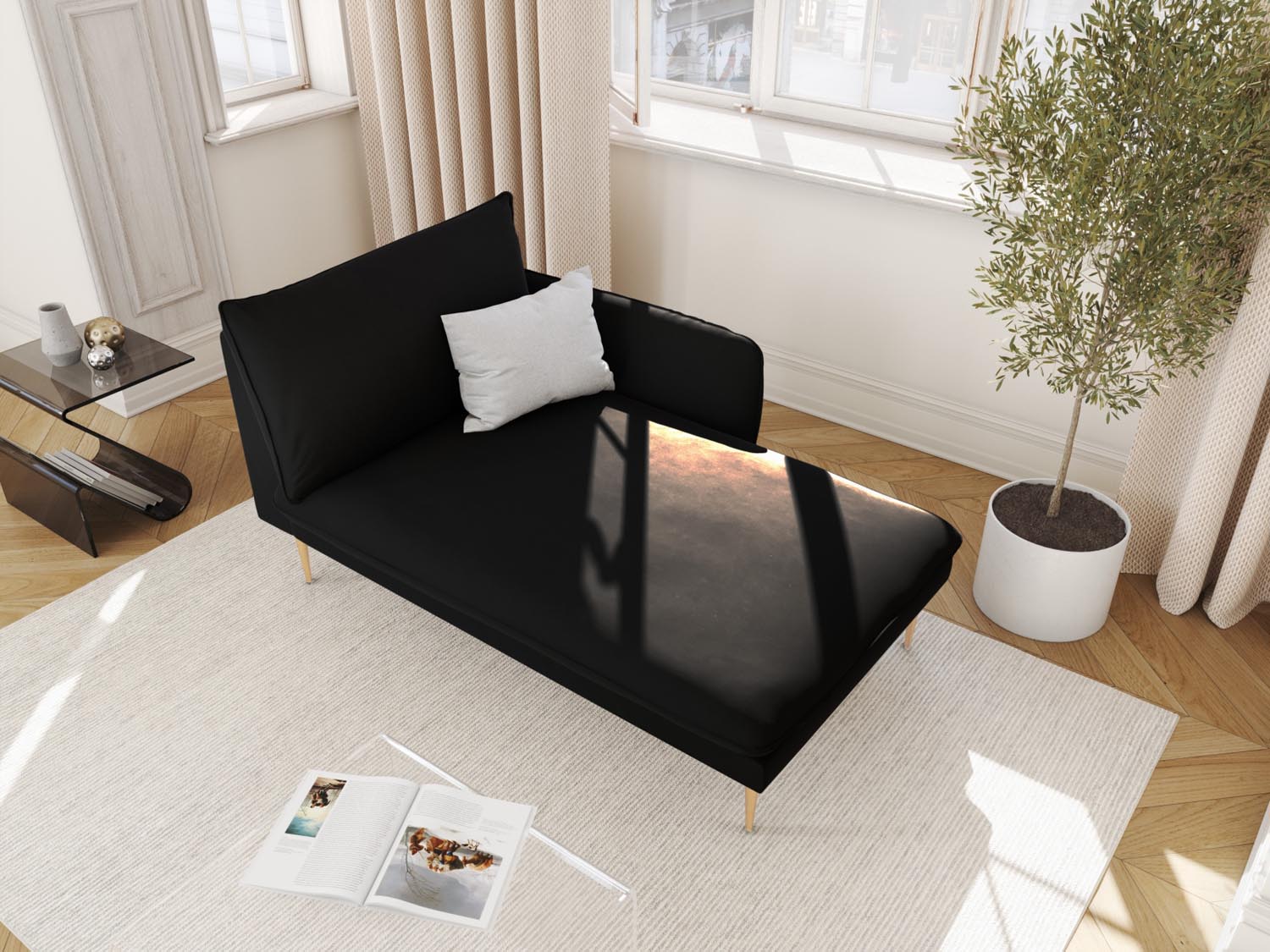 Elegantes Vienna Velour Sofa Chaise Lounge in Schwarz mit goldenen Akzenten, ideal für stilvolle Wohnräume. Perfekt für entspannte Momente.