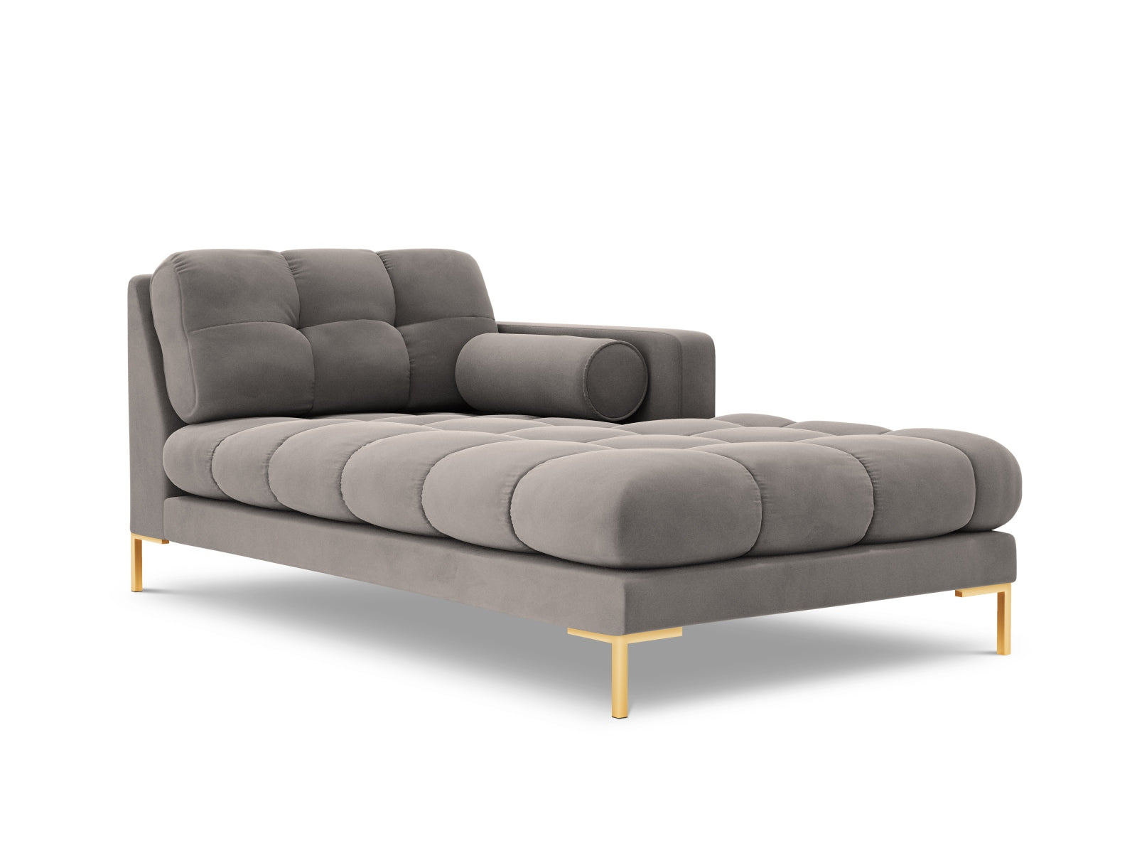 Elegante 1-Sitzer Chaise Longue rechts Bali in sanftem Light Grey-Bluvel, ideal für stilvolle und komfortable Wohnräume.