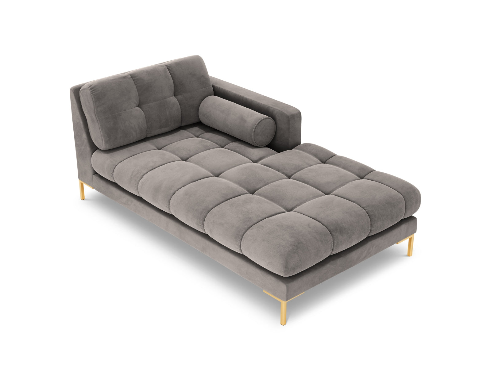 Moderne 1-Sitzer Chaise Longue rechts Bali in zartem Light Grey-Bluvel, perfekt für einladende und geschmackvolle Wohnambiente.