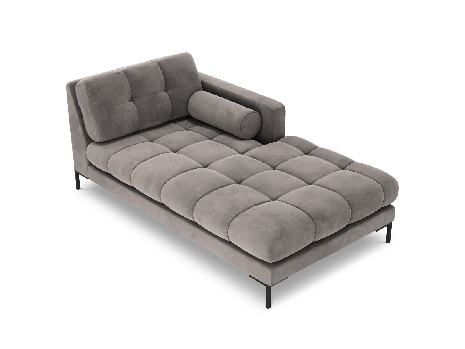 Elegante 1-Sitzer Chaise Longue rechts Bali in sanftem Light Grey-Bluvel, ideal für stilvolle Wohnräume und modernes Design.